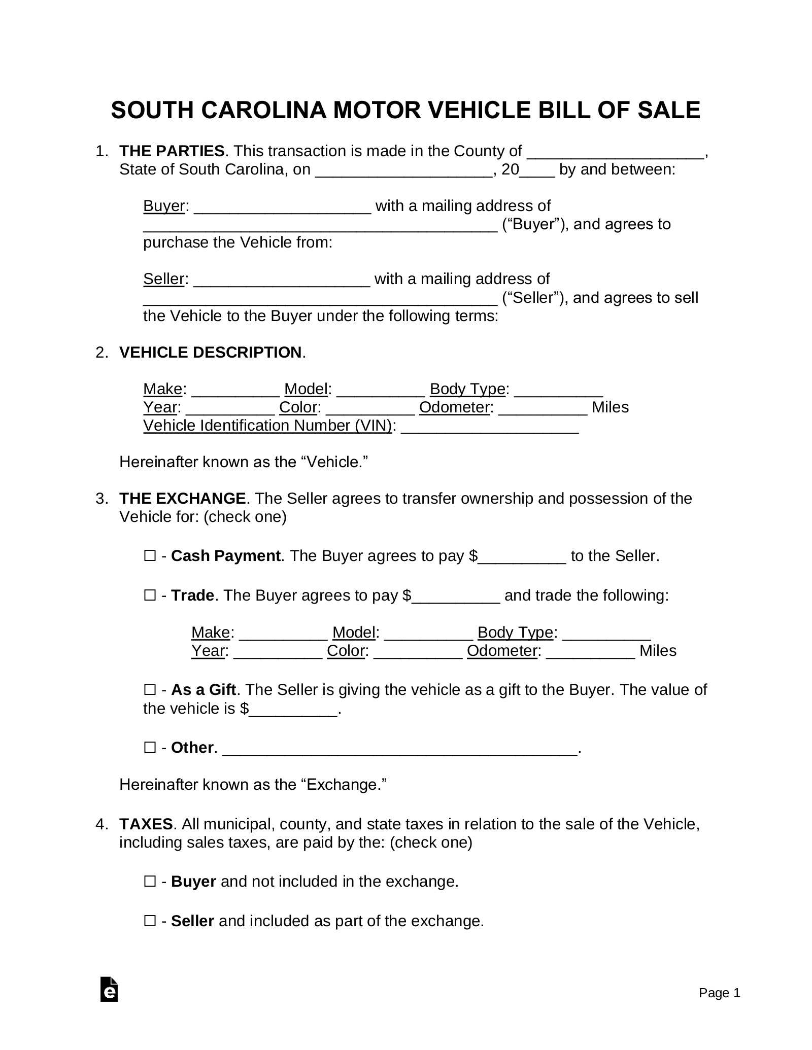 Free South Carolina Motor Vehicle Bill Of Sale PDF Word EForms