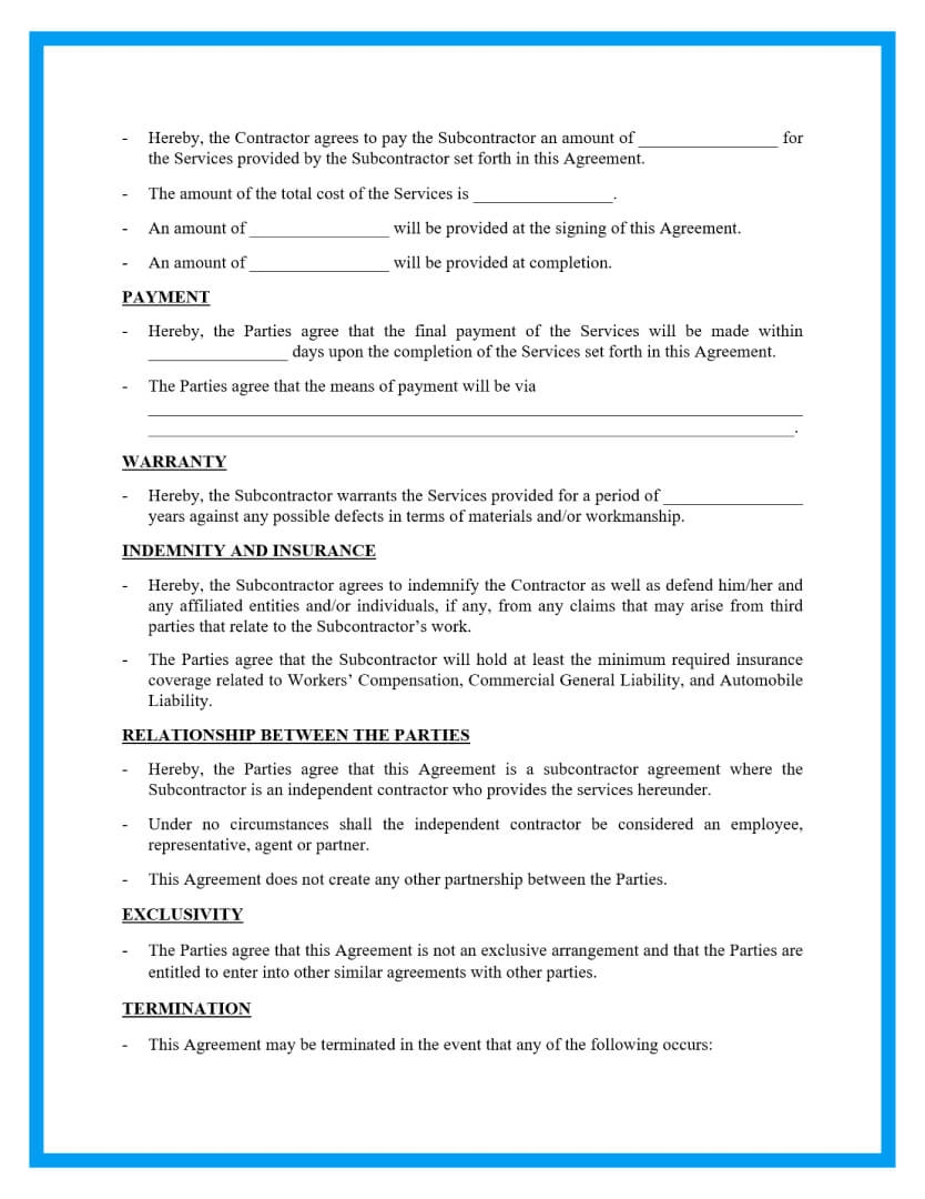 Free Subcontrator Agreement Template For Download Free Subcontrator Agreement Template For Download