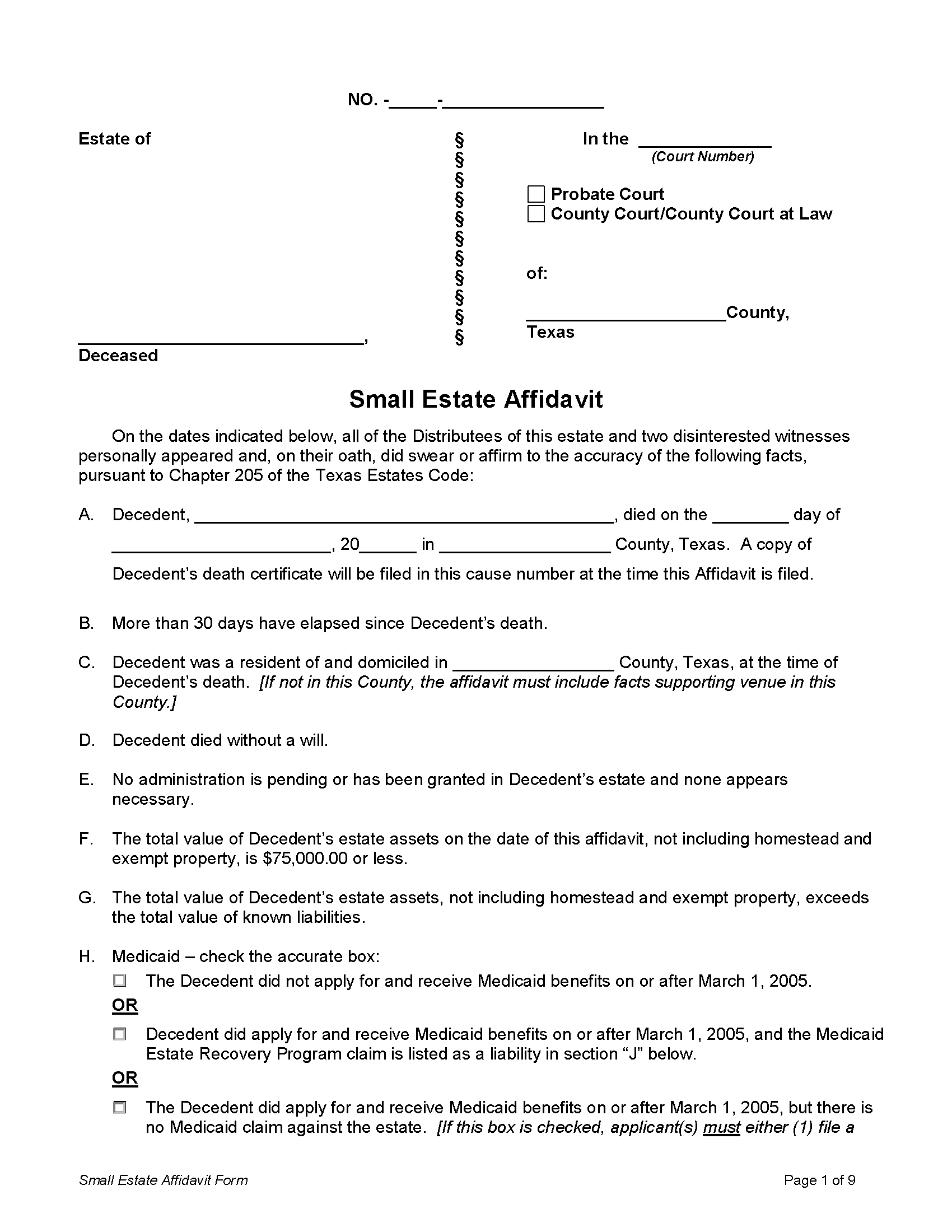 Free Texas Small Estate Affidavit Form PDF Free Texas Small Estate Affidavit Form PDF