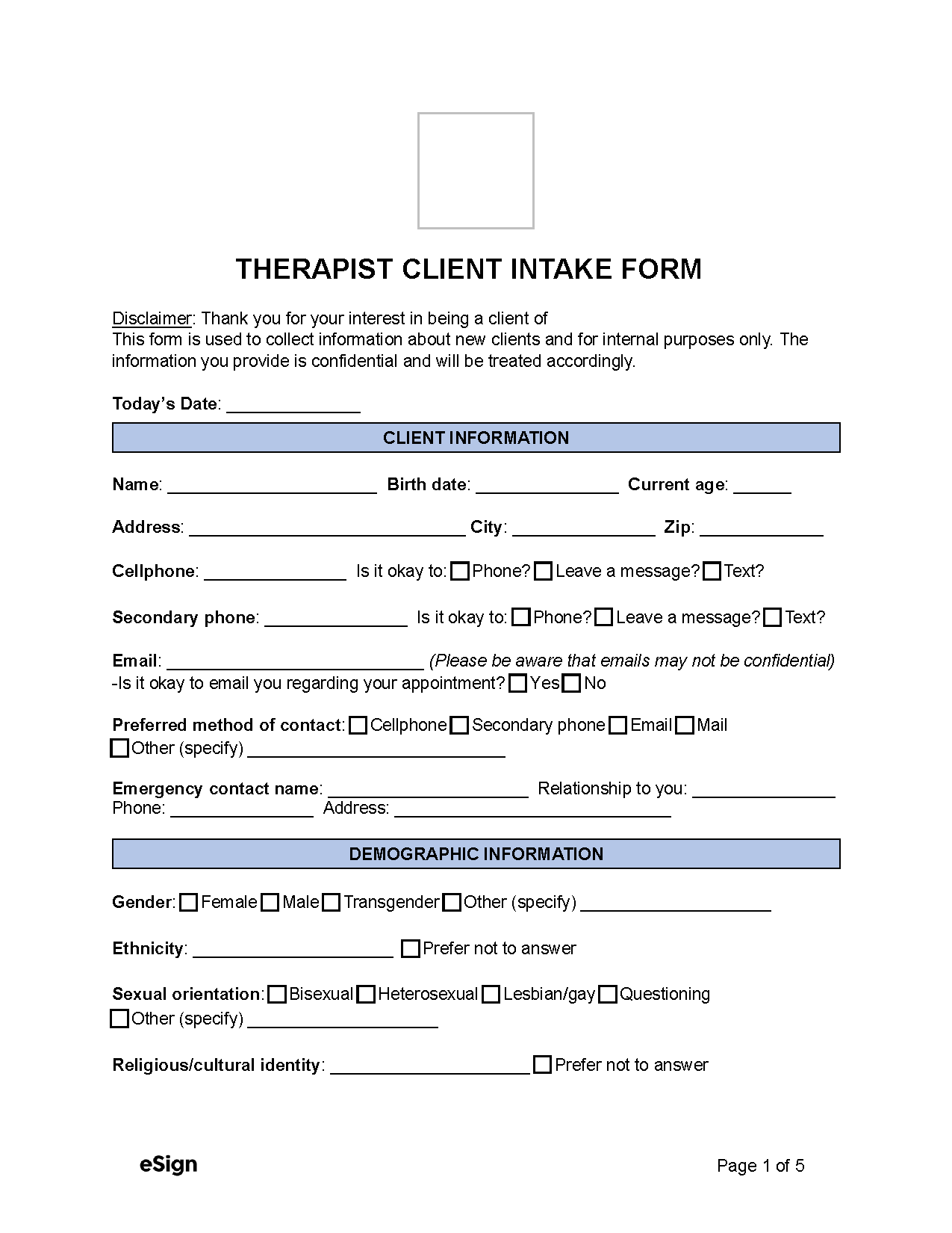 Printable Patient Demographic Form