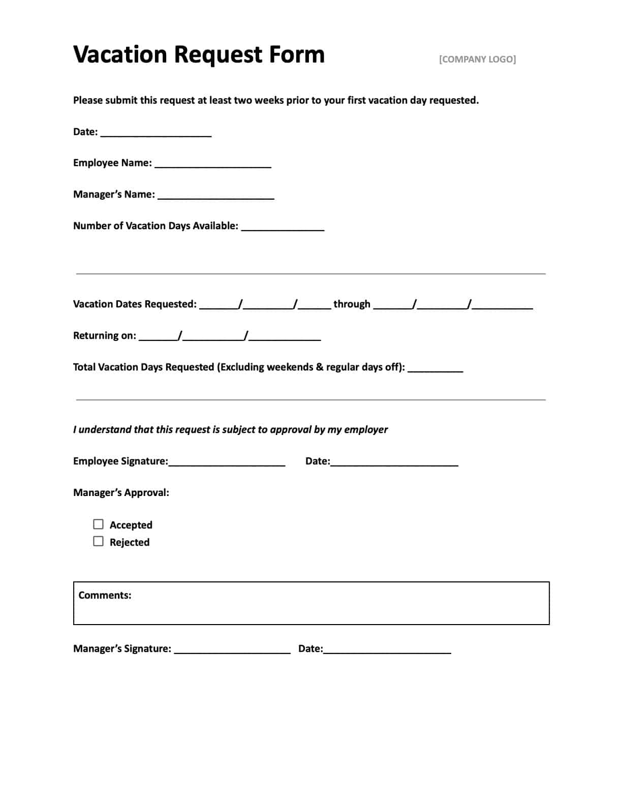 Printable Time Off Request Form