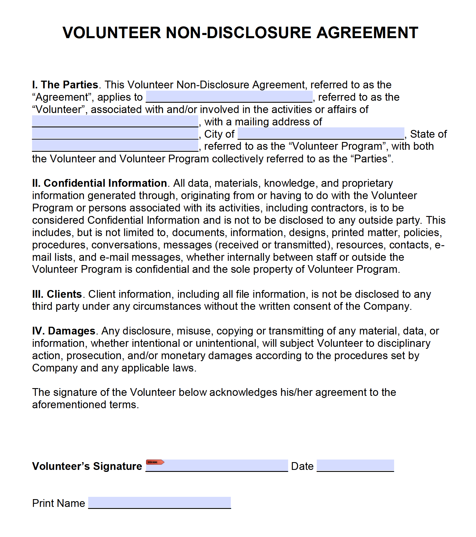Free Volunteer Non Disclosure Agreement NDA PDF Word docx 