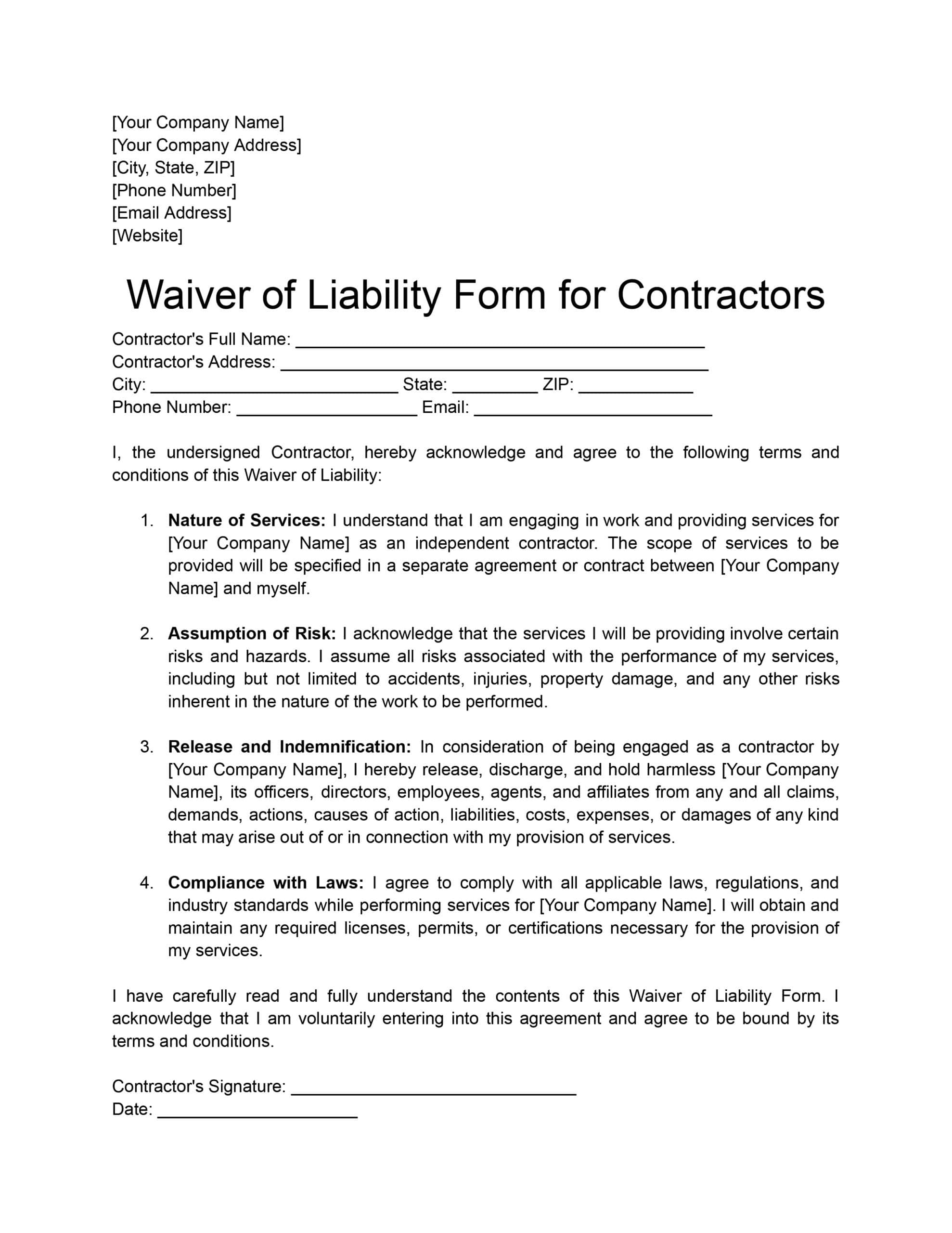 Printable Release Of Liability Form