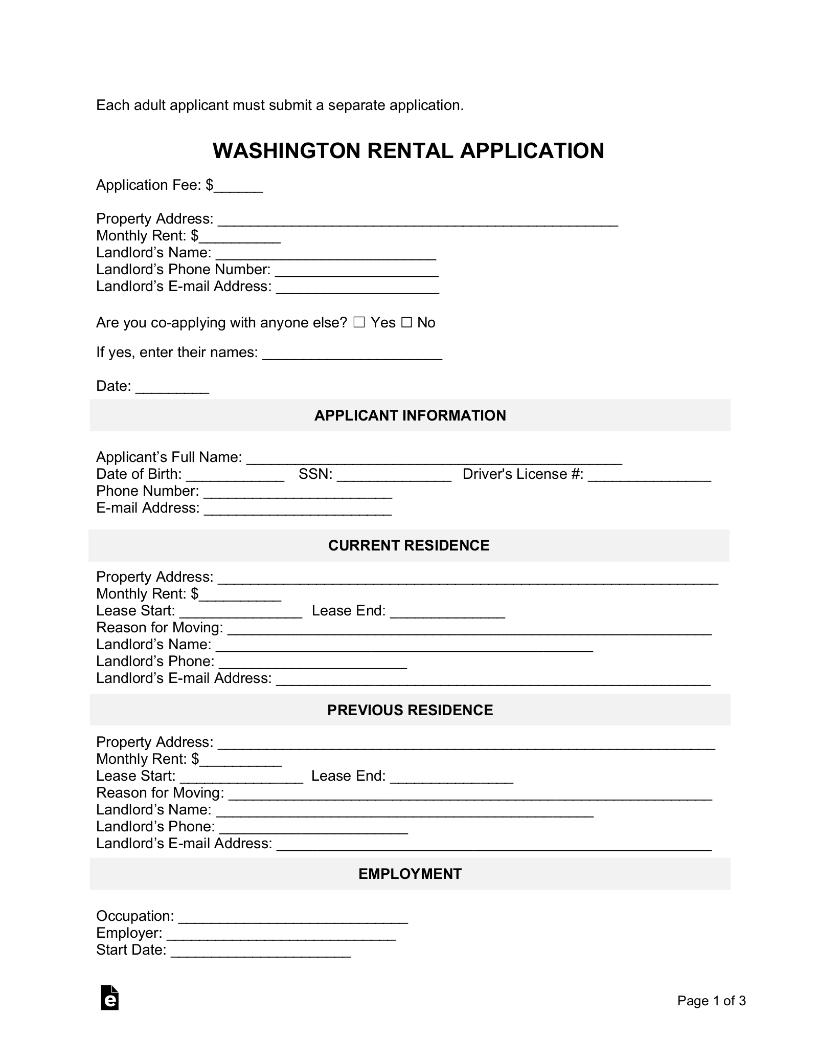 Free Washington Rental Application Template PDF Word EForms