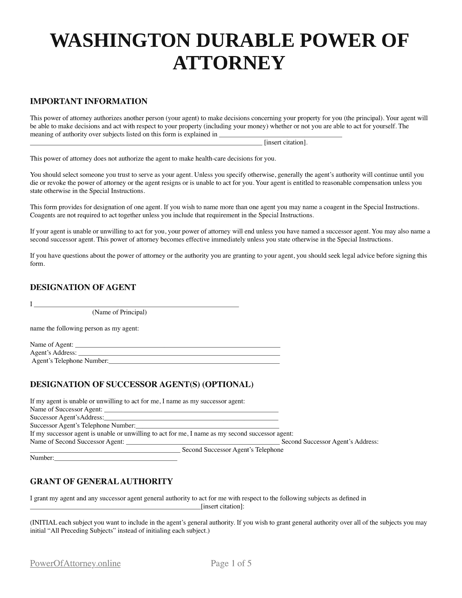 Free Washington WA Durable Power Of Attorney Forms Templates PDF
