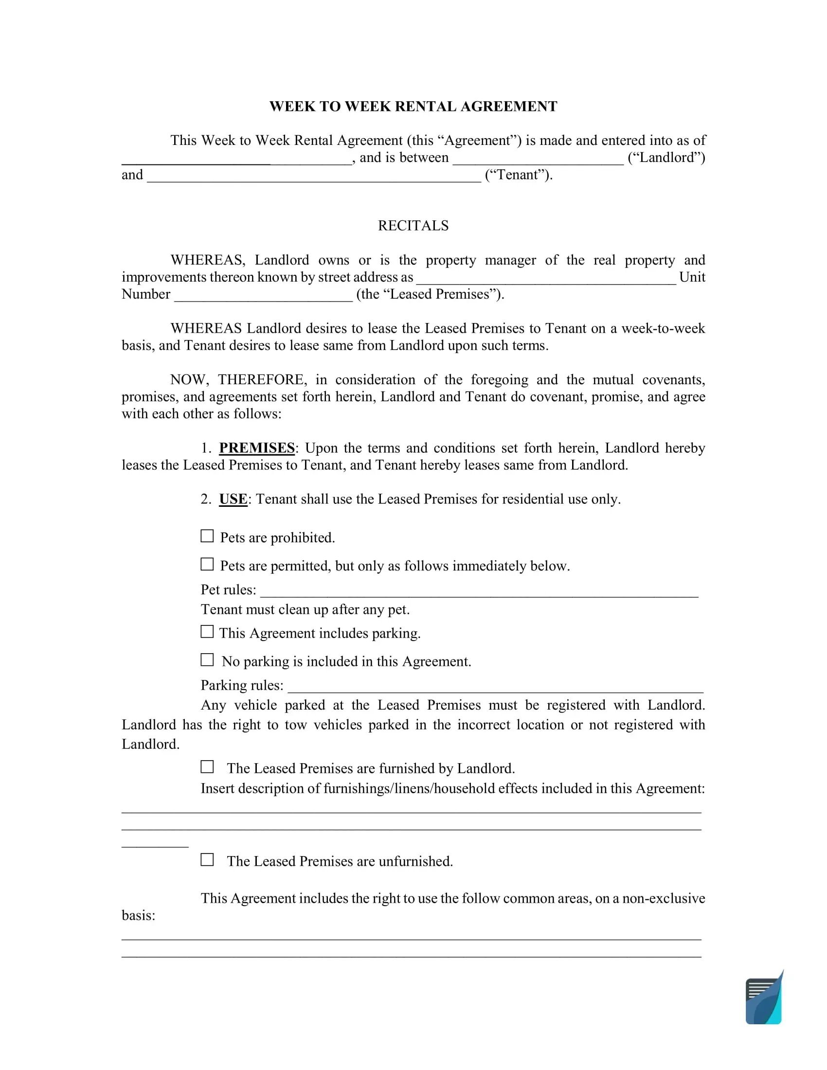Free Weekly Rental Agreement Template PDF FormsPal