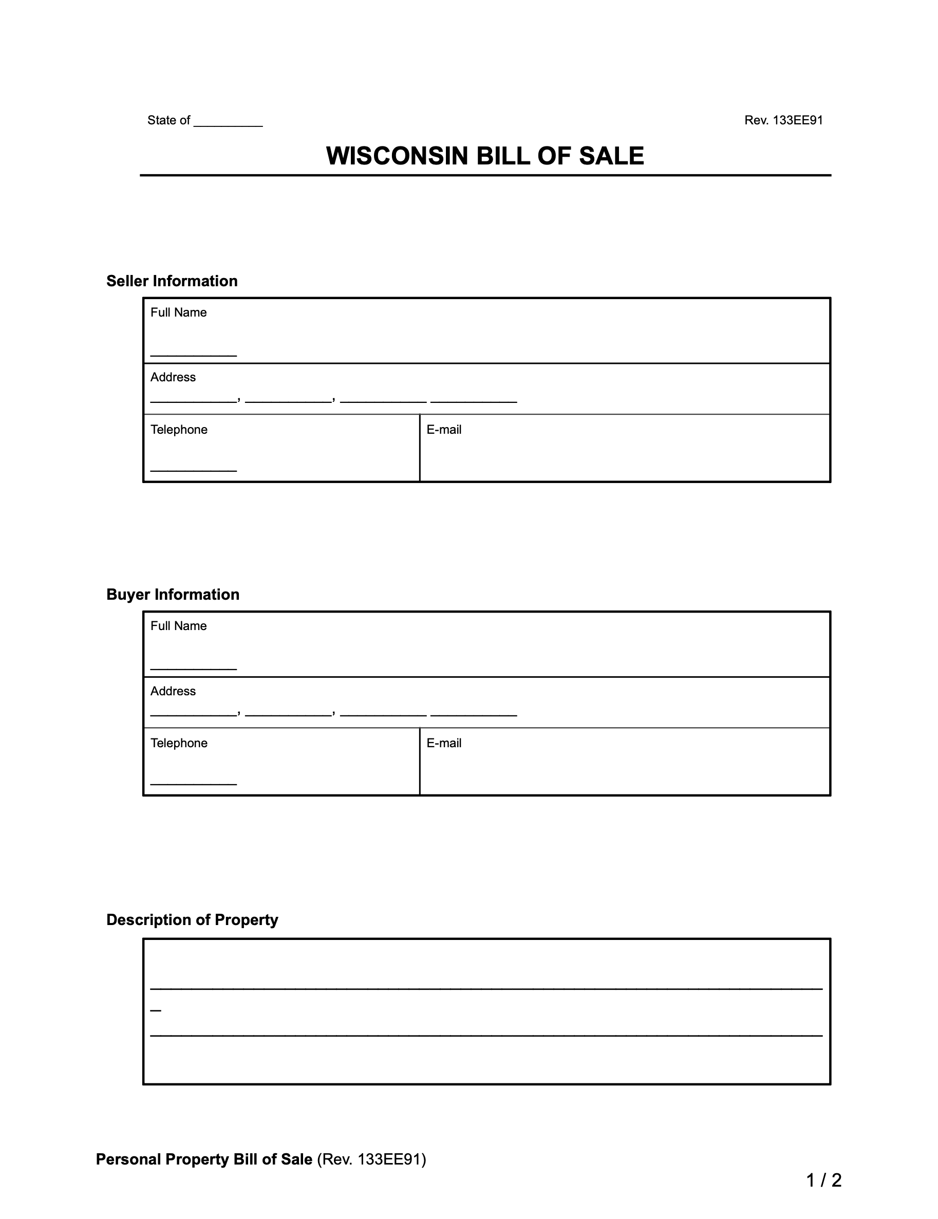 Wisconsin Offer To Purchase Printable Form