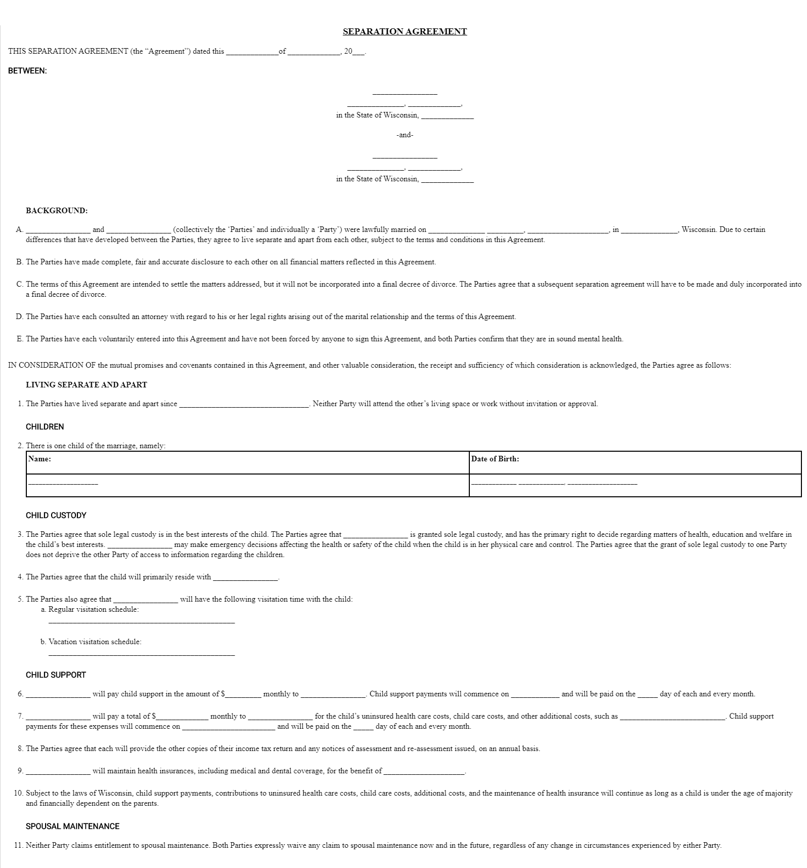 Free Wisconsin Marital Separation Legal Agreement Forms Forms Legal Worksheets Library