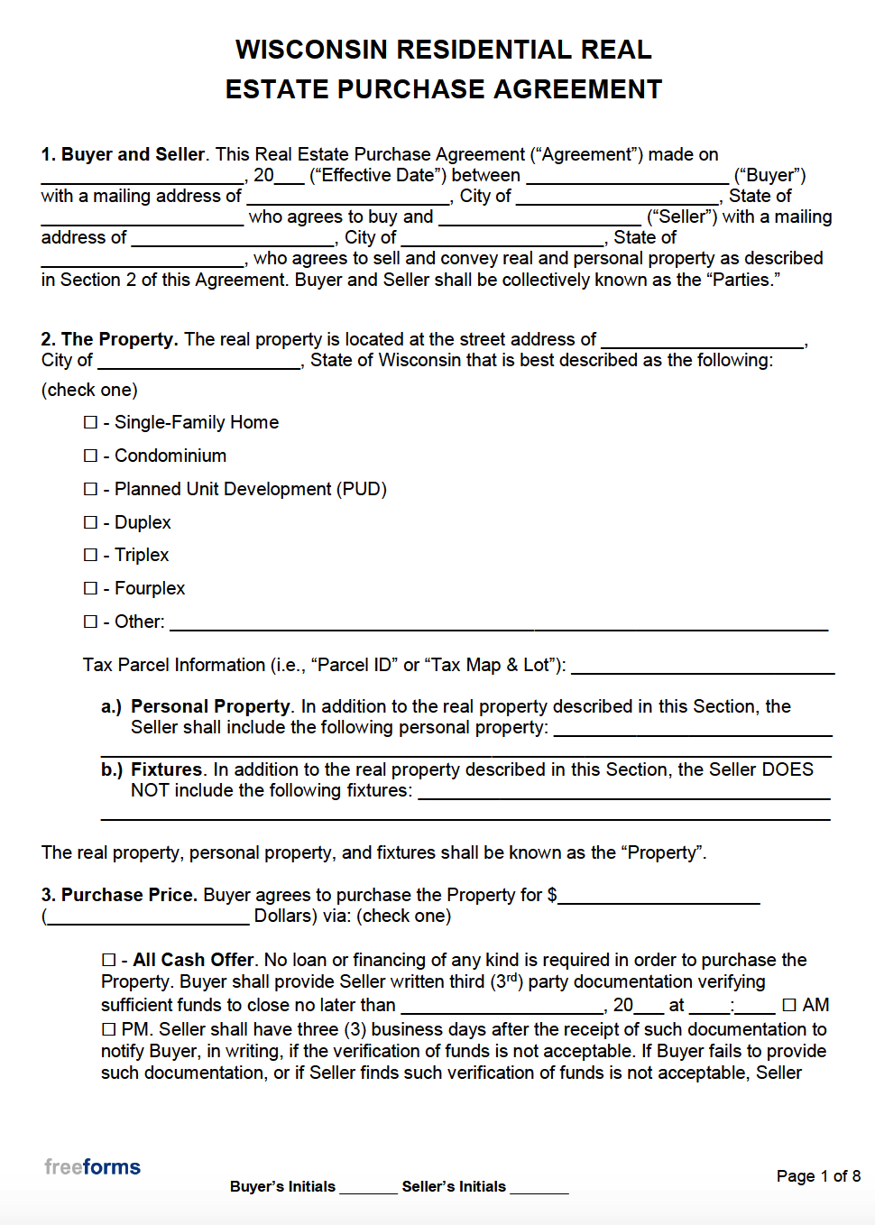 Free Wisconsin Real Estate Purchase Agreement Template PDF Word