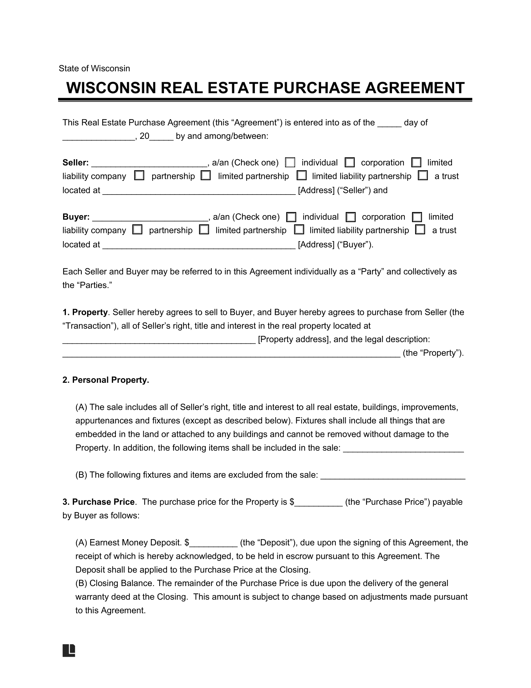 Free Wisconsin Residential Purchase Agreement PDF Word