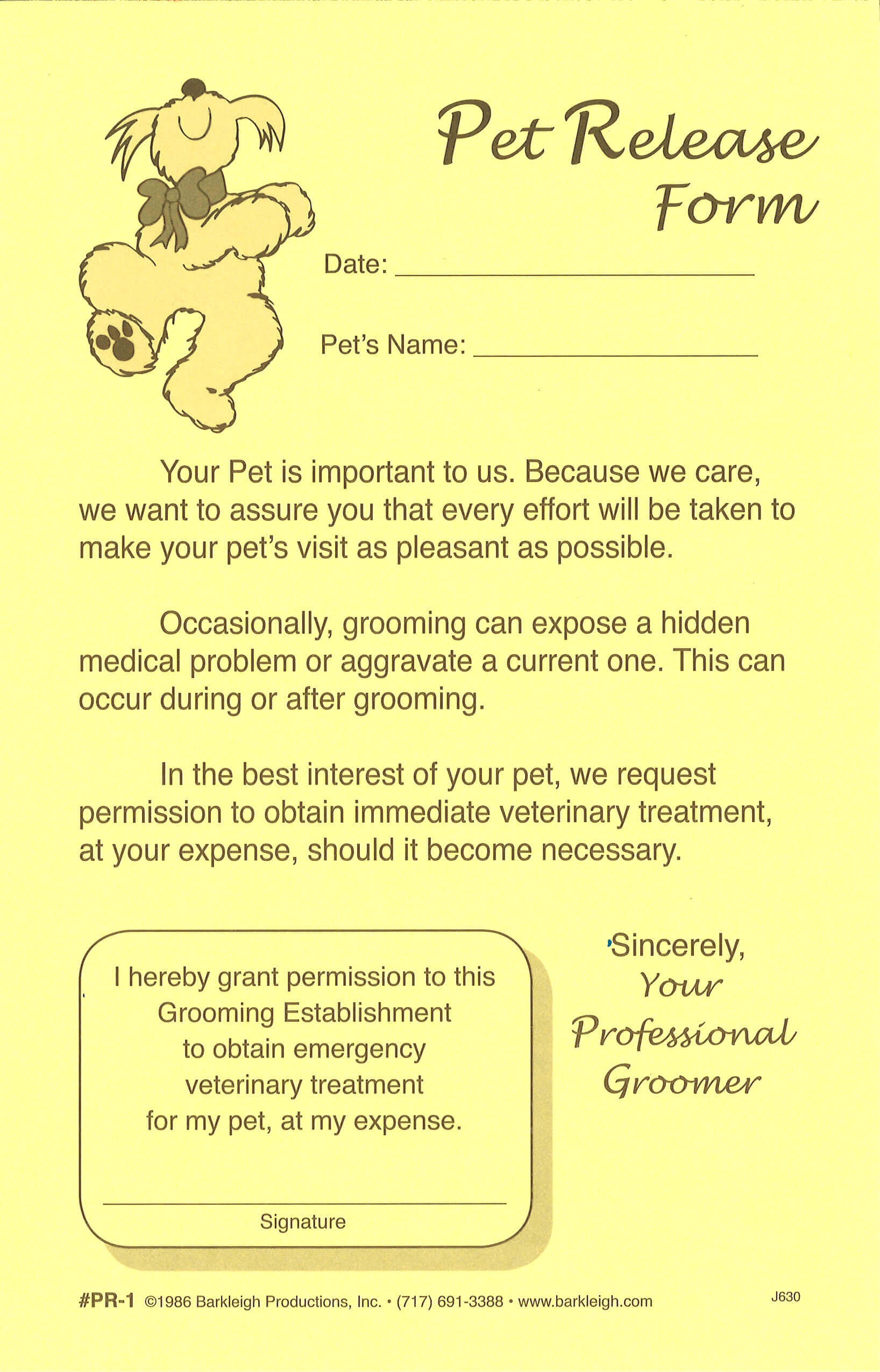 General Pet Release Forms Barkleigh Store