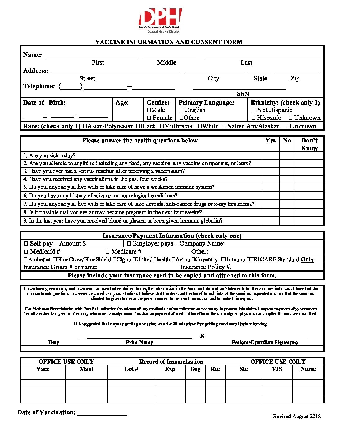 General Vaccine Consent Form Georgia Coastal Health District Georgia Coastal Health District General Vaccine Consent Form Georgia Coastal Health District Georgia Coastal Health District