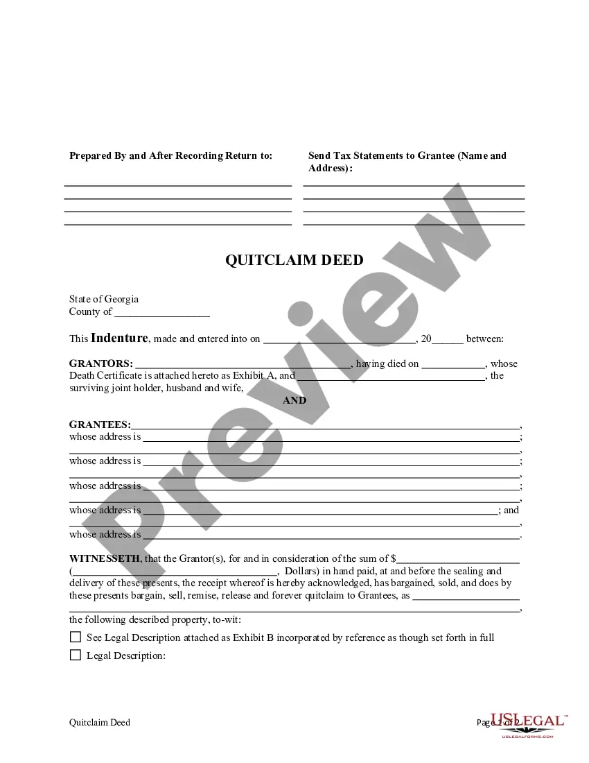 Georgia Quitclaim Deed From Two Grantors One Being Deceased To Five Individuals Quick Claim Deed Ga US Legal Forms