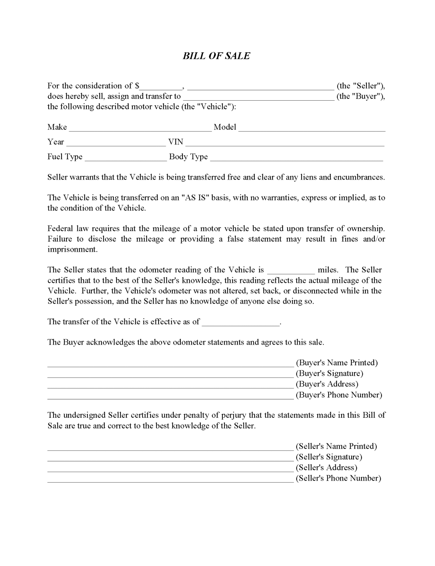 Free Printable Bill Of Sales Forms