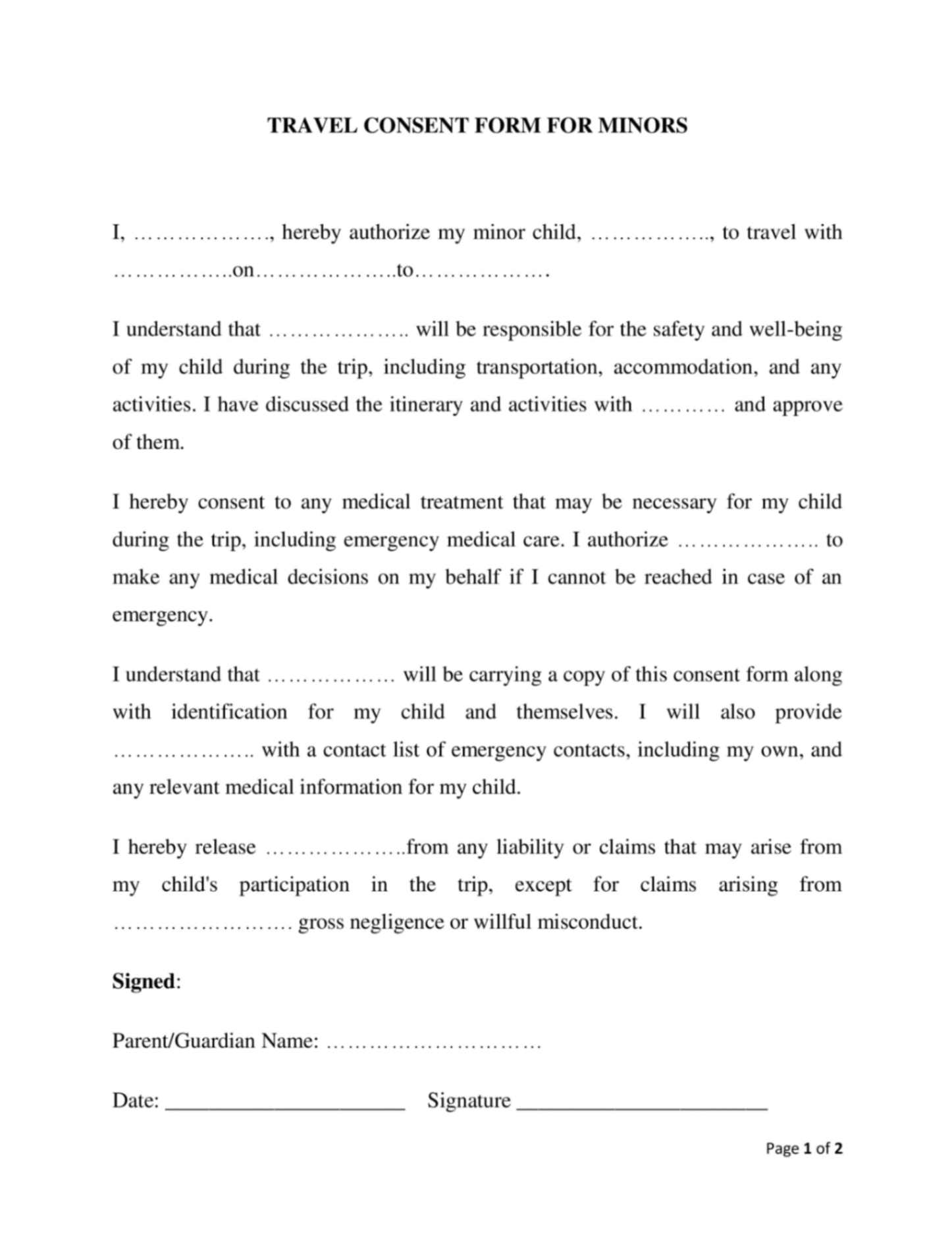 Get Minor Child Travel Consent Form PDF Word