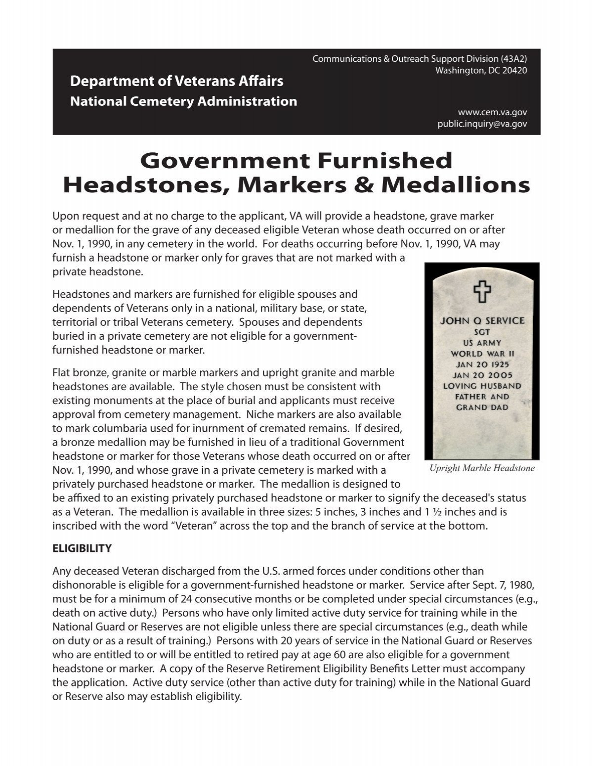 Government Furnished Headstones Markers Medallions National 