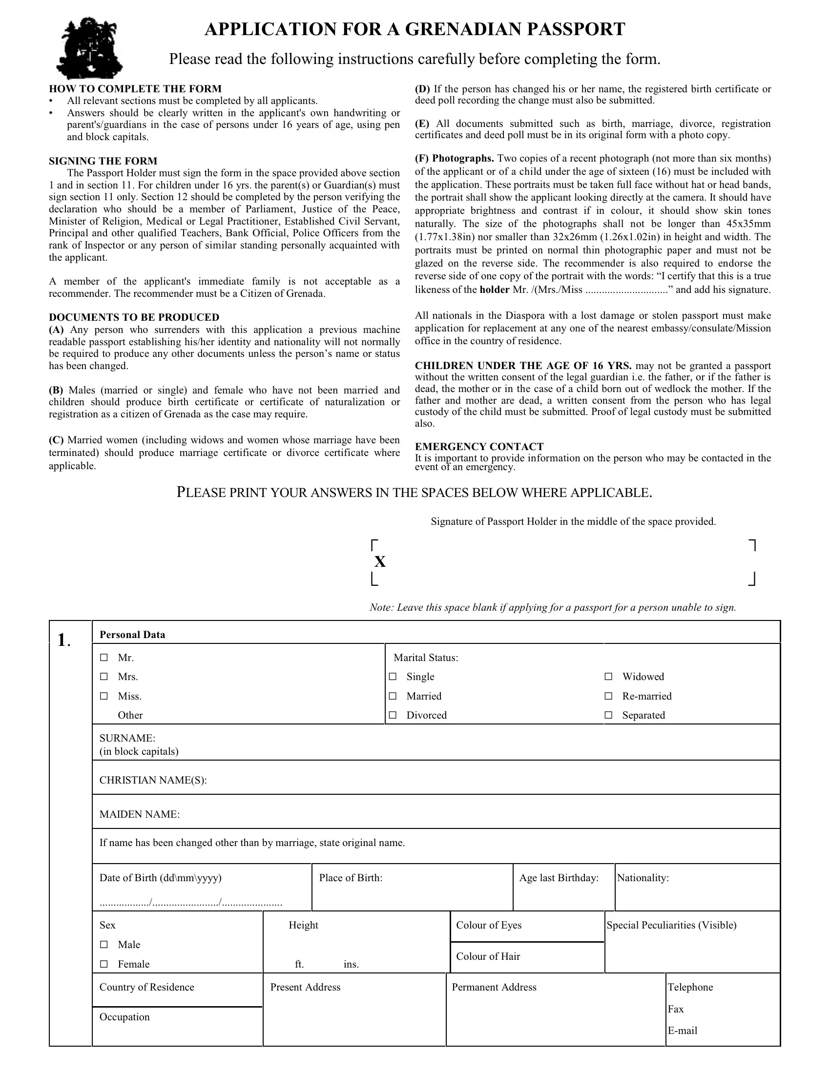 Grenada Passport Application PDF Form FormsPal