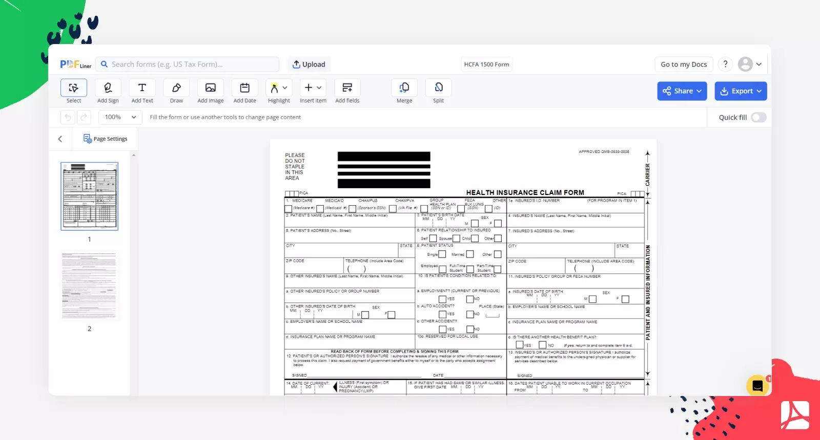 HCFA 1500 Form Printable Blank Sign Online PDFLiner