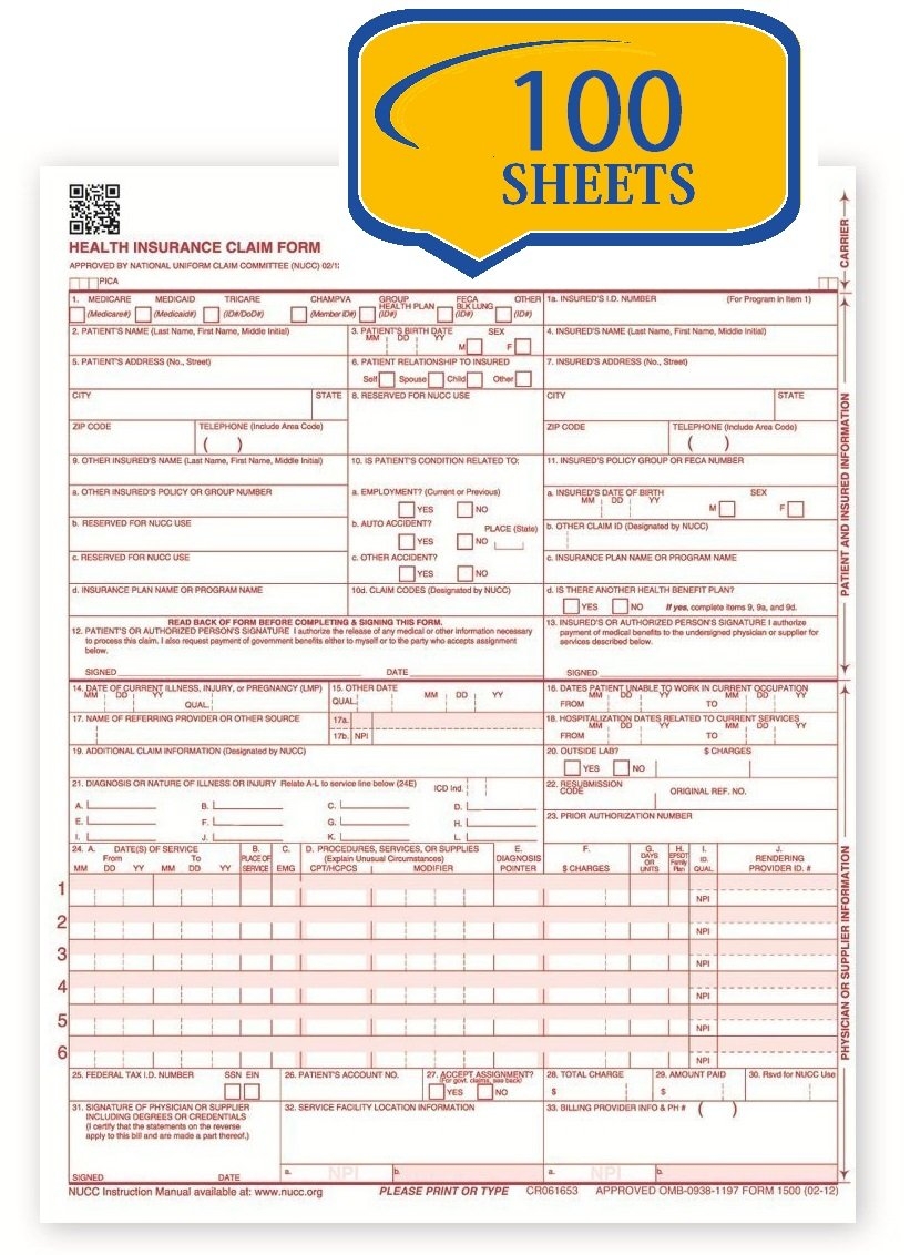HCFA Version 0212 CMS 1500 Claim Forms 100 Sheets Barbados Ubuy