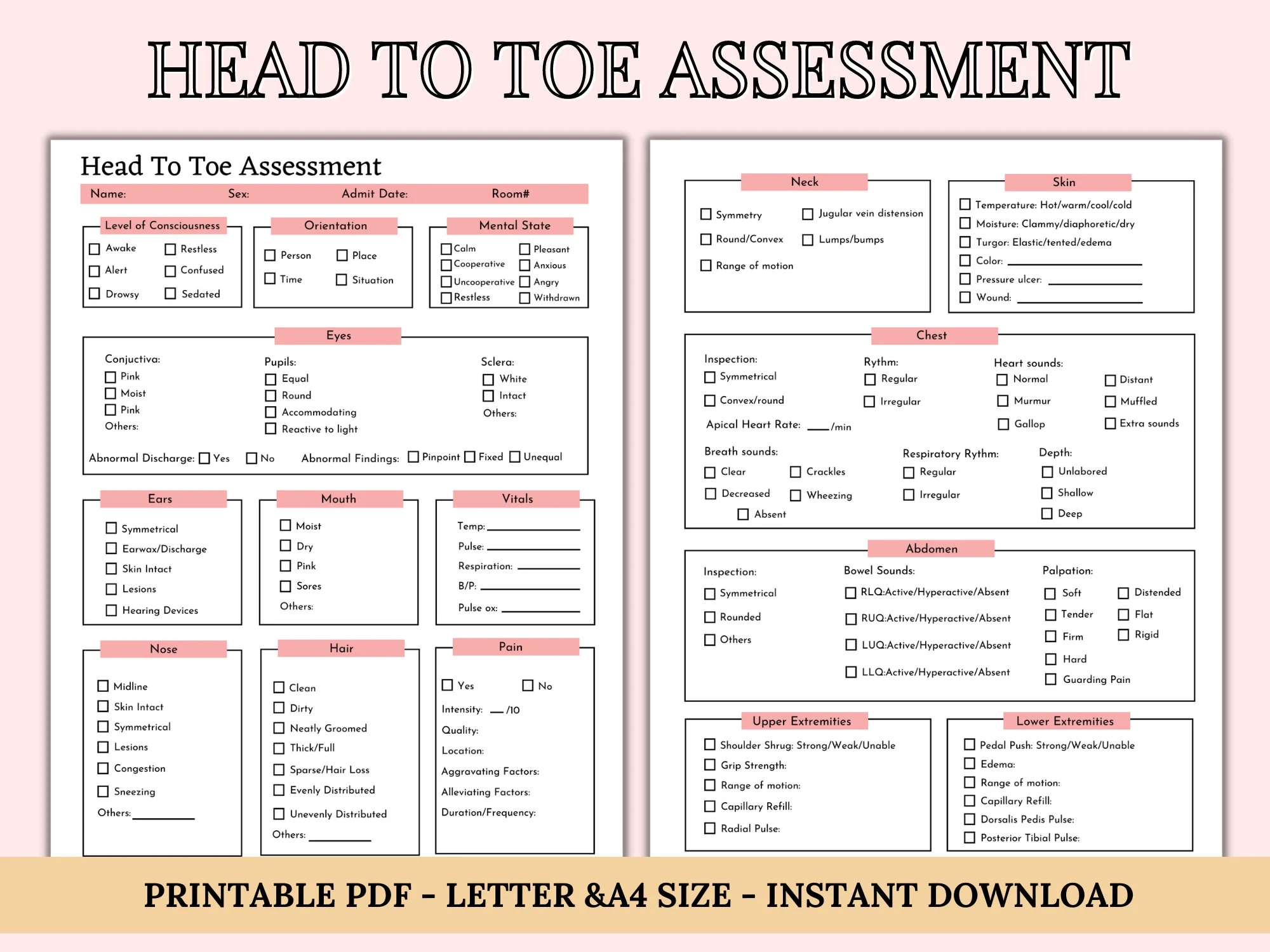 Head To Toe Assessment Template Nursing Checklist Nursing Student Notes Patient Assessment Template Health Assessment Class Etsy