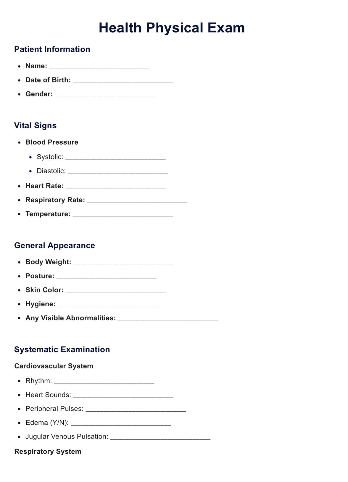 Health Physical Exam Template Example Free PDF Download