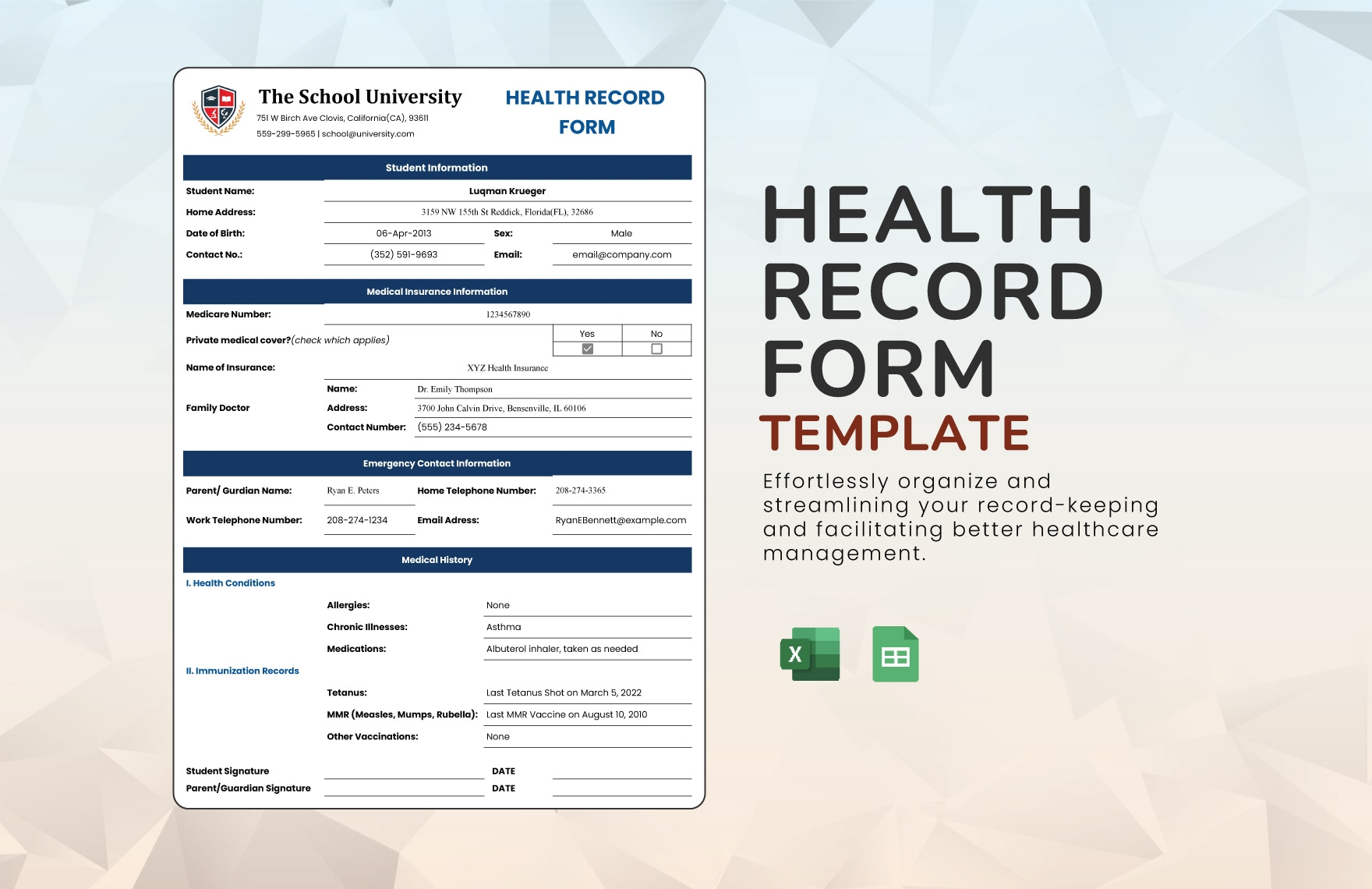 Health Record Form Template In Excel Google Sheets Download Template 