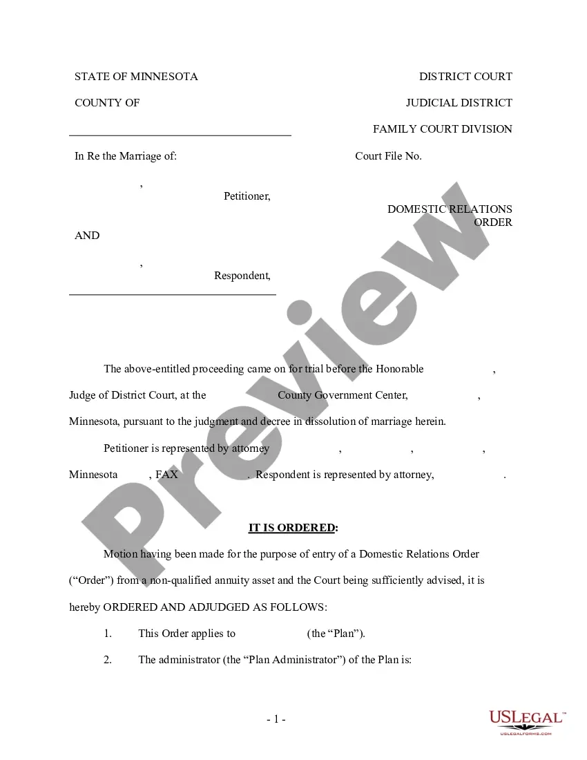 Hennepin Minnesota Domestic Relations Order Template Qdro US Legal Forms