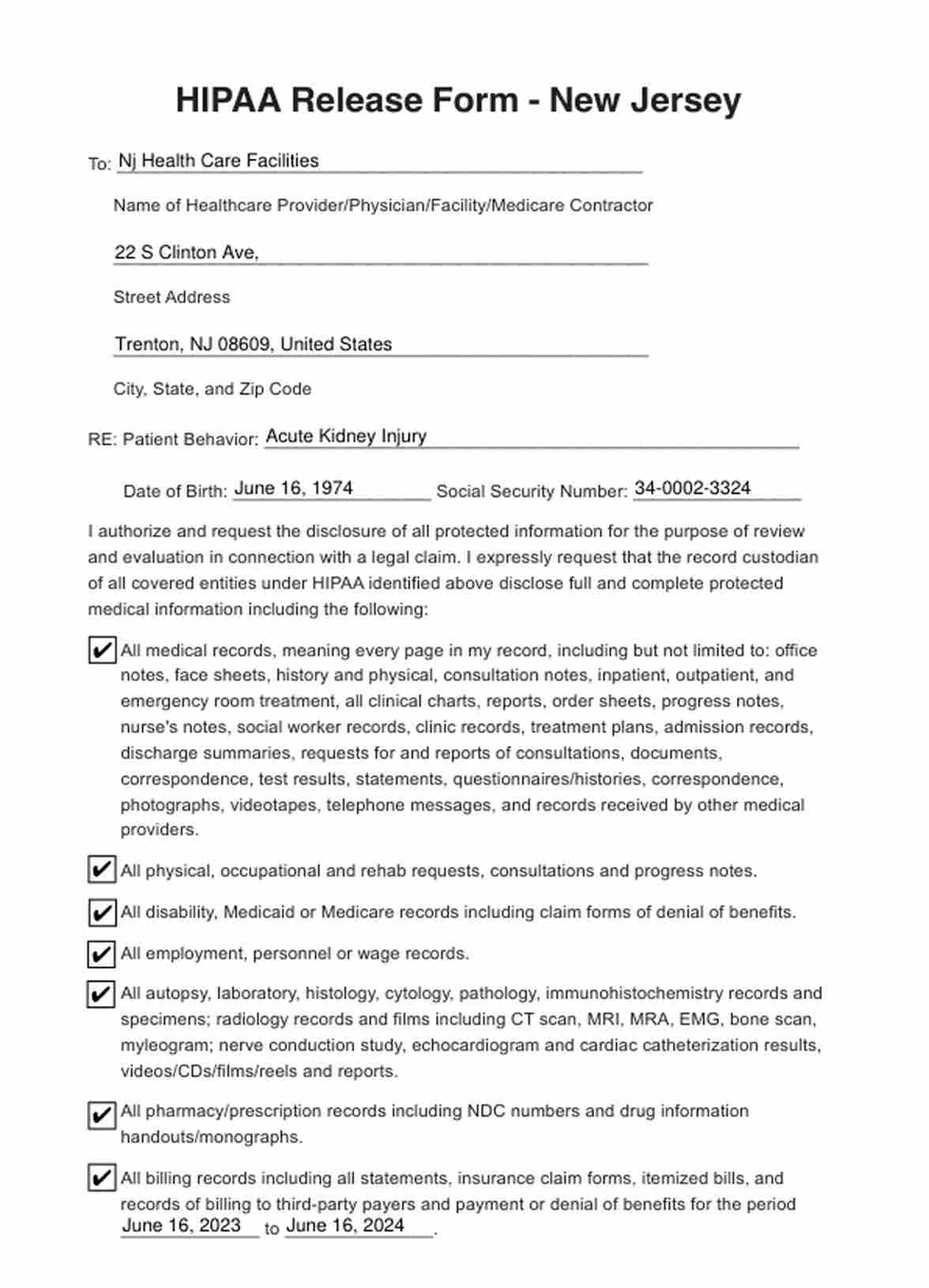 HIPAA Release Form New Jersey Example Free PDF Download