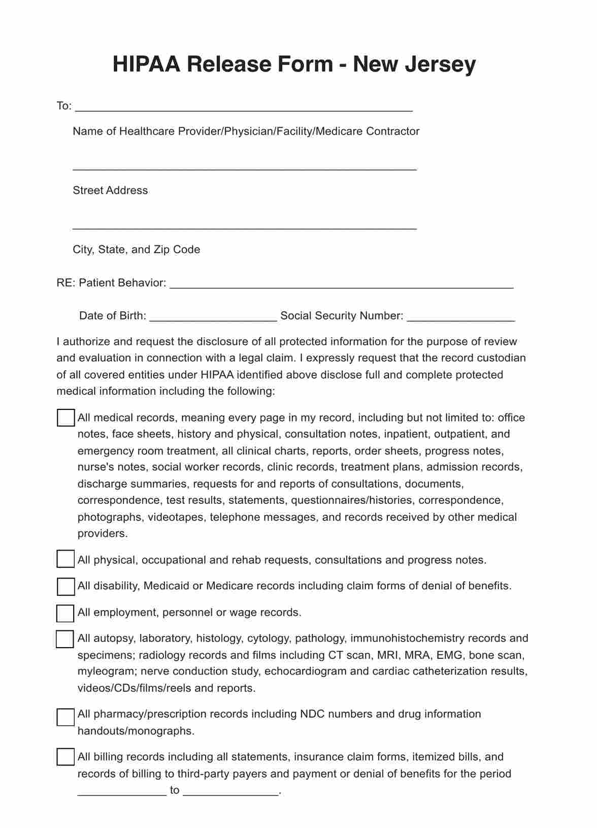 HIPAA Release Form New Jersey Example Free PDF Download