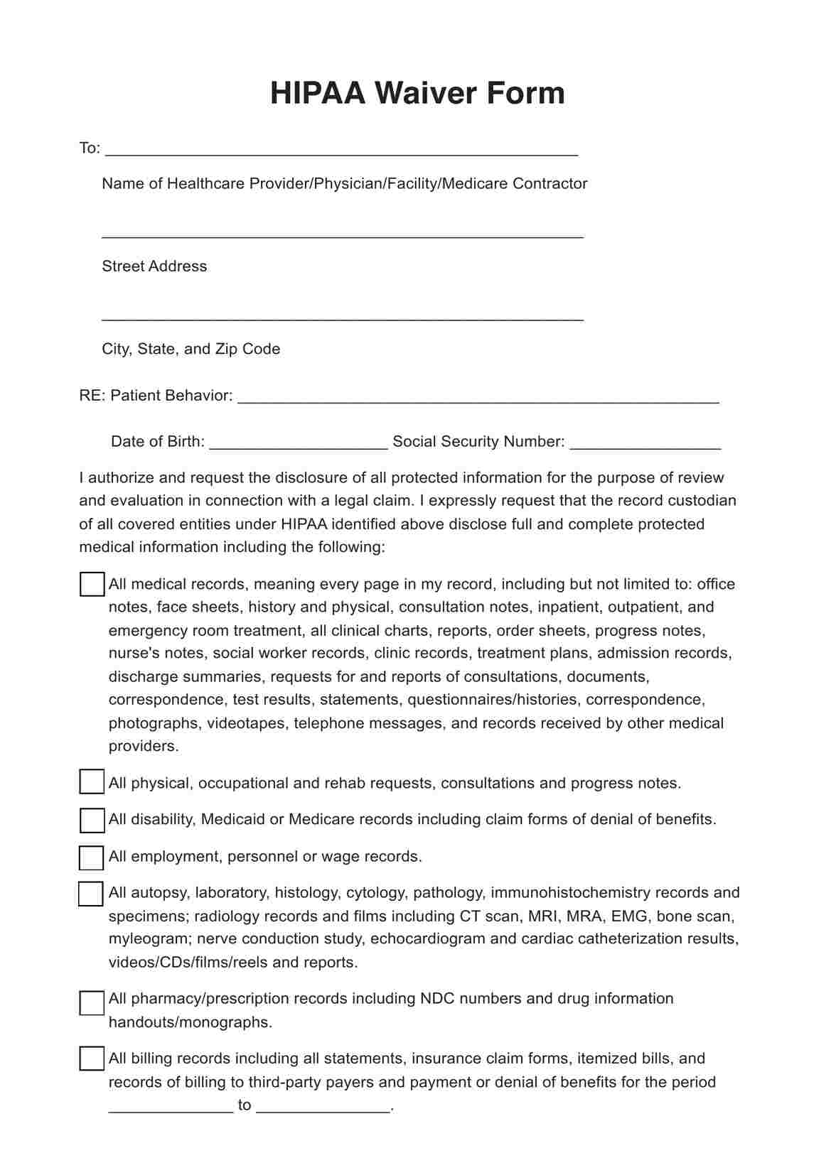 HIPAA Waiver Form Example Free PDF Download