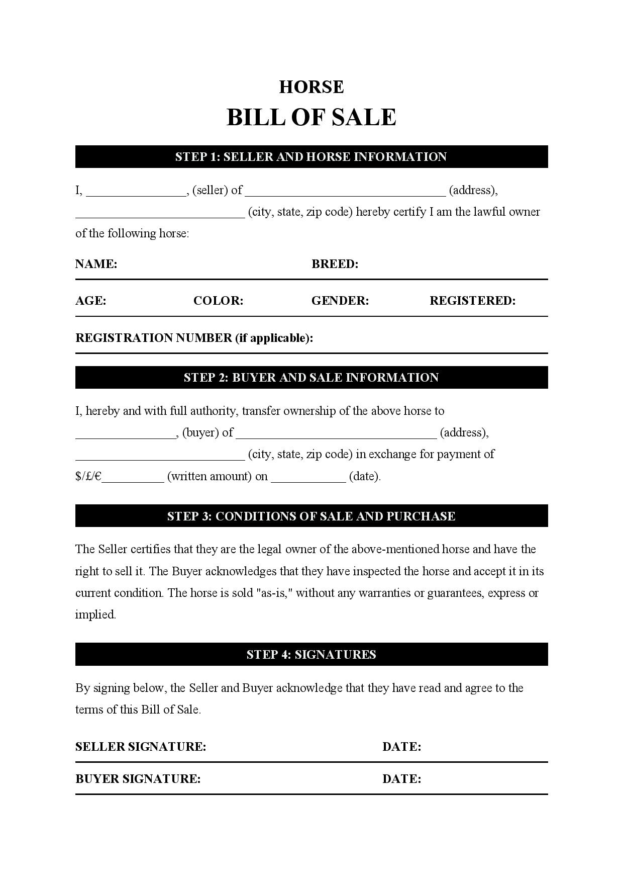 Horse Bill Of Sale Template Free Download Easy Legal Docs