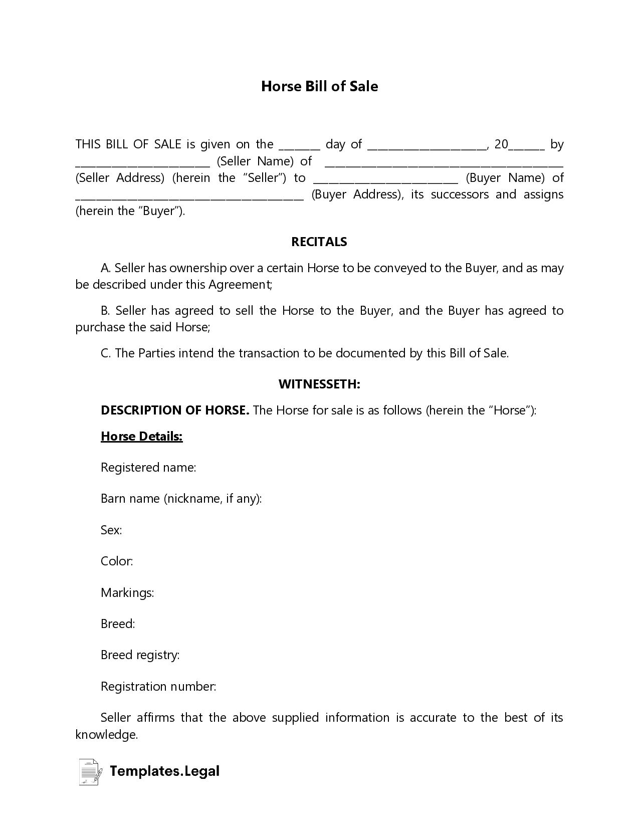 Printable Horse Bill Of Sale Form