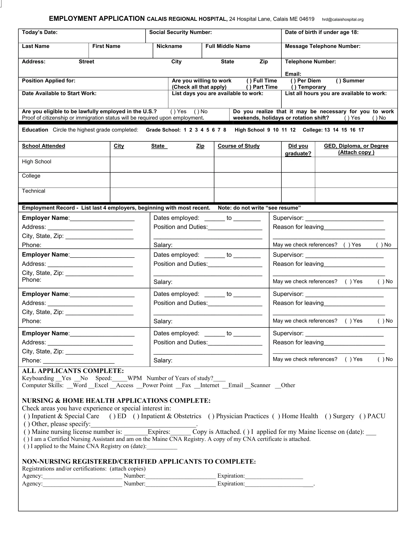 Hospital Job Application Form Fill Out Printable PDF Forms Online