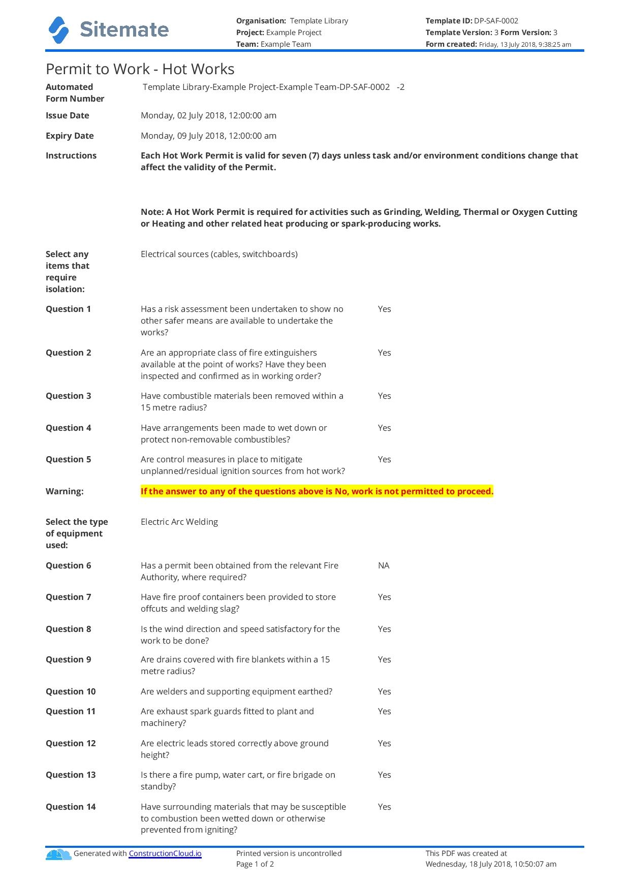 Hot Works Permit Example Free Form Better Than Word Template