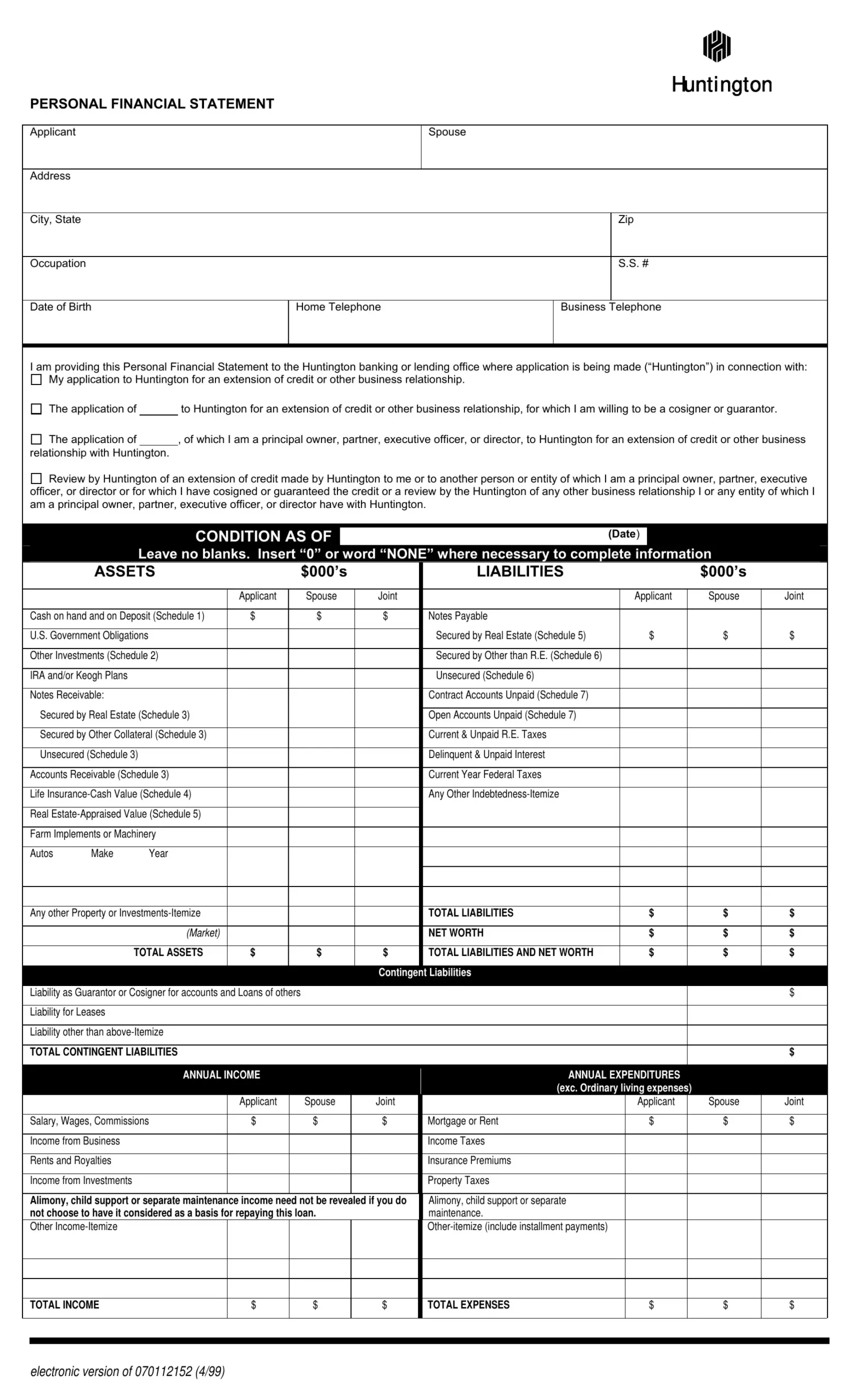 Personal Financial Statement Form Printable
