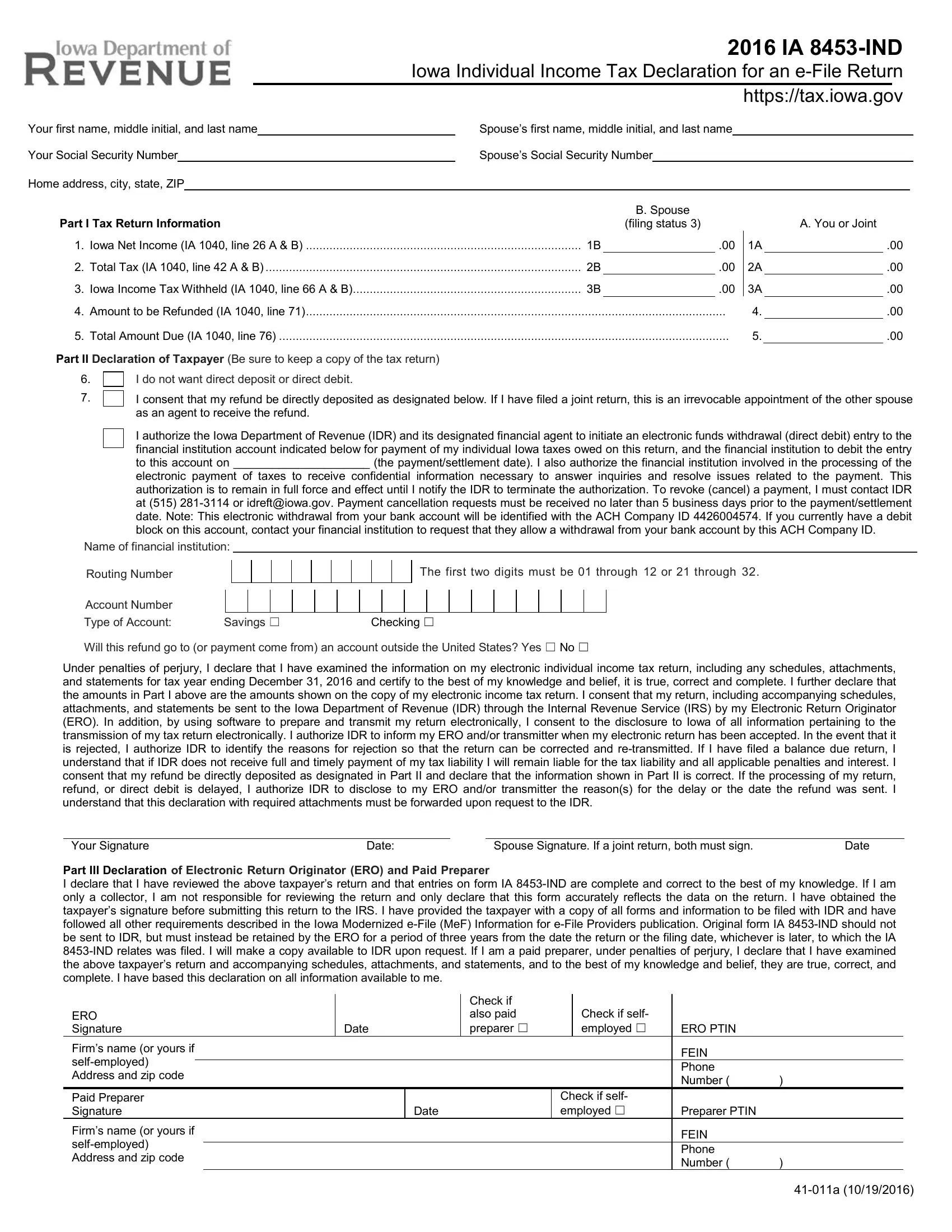 Ia Form 8453 Ind Fill Out Printable PDF Forms Online