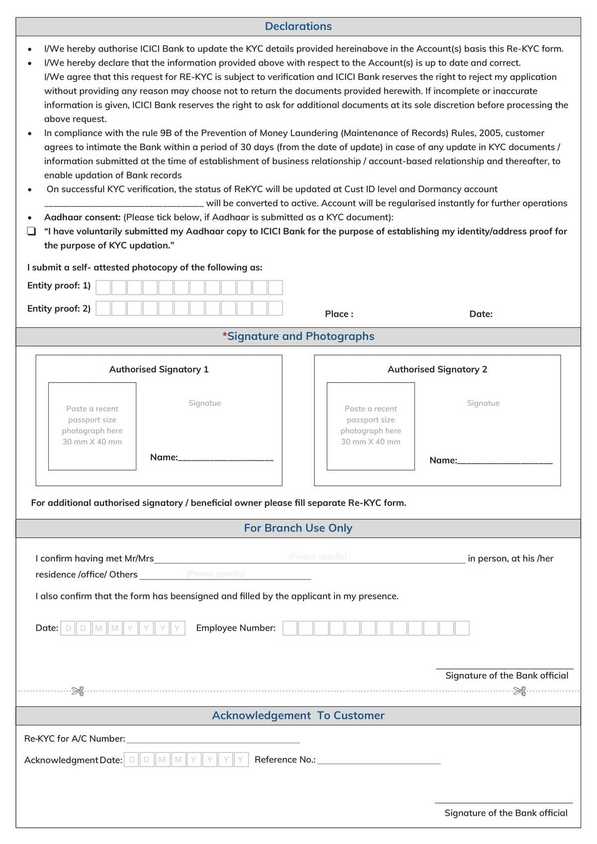 ICICI Bank Non Individual Customer Information Updation Form Download In PDF