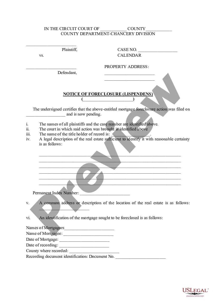 Illinois Notice Of Foreclosure Lis Pendens Lis Pendens 