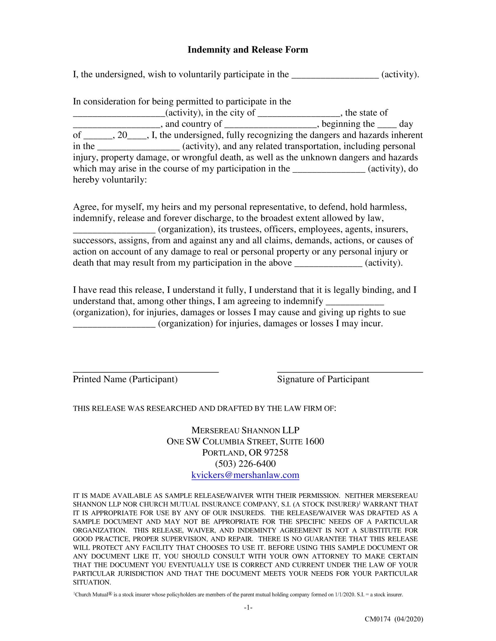 Indemnity And Release Form