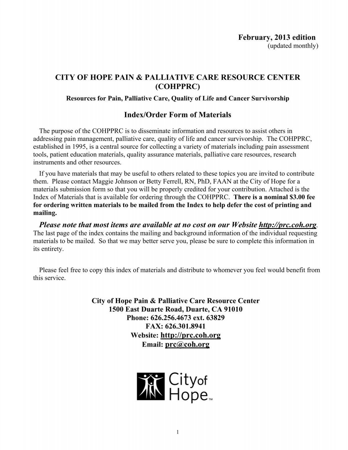 Index Order Form Of Materials Please No Pain Resource Center