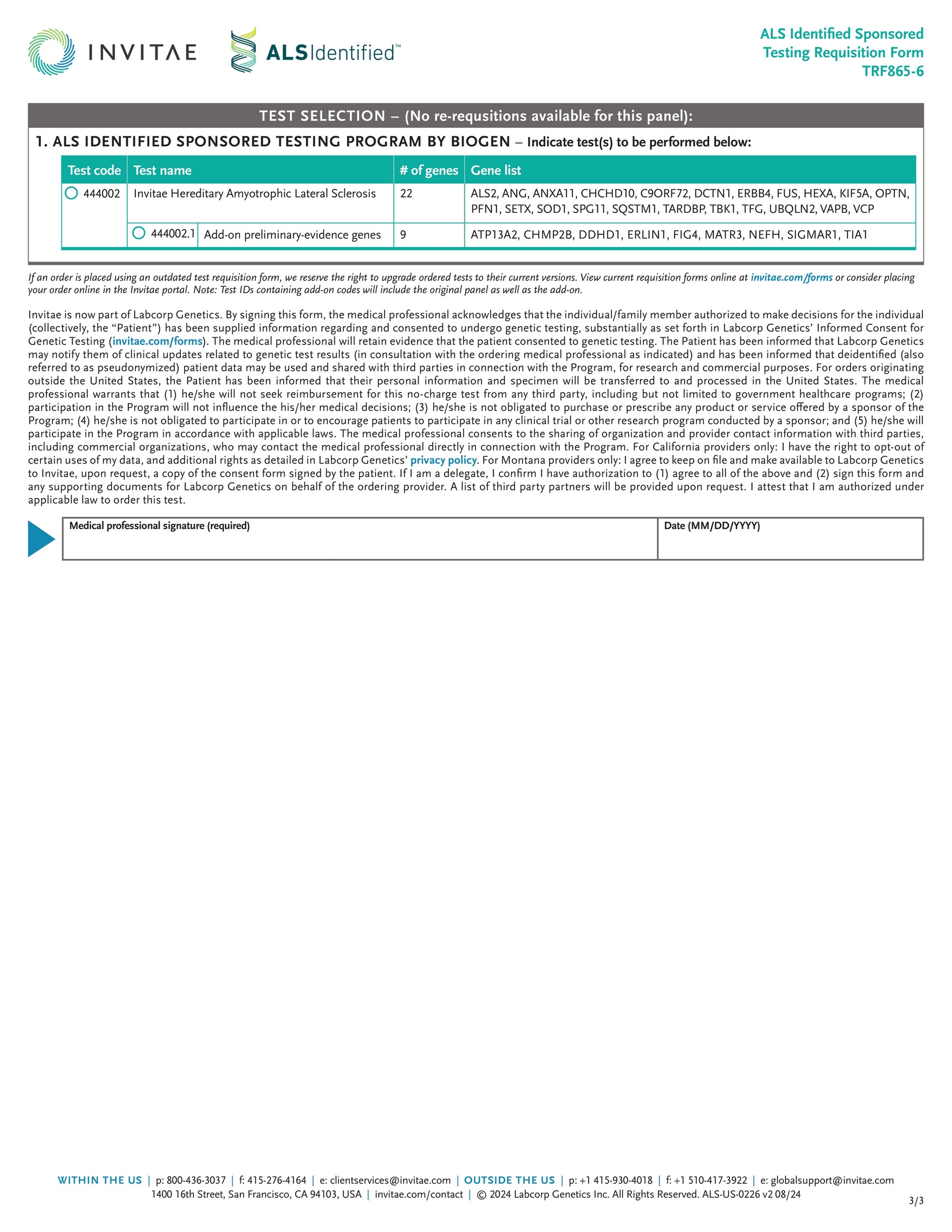 Invitae TRF865 Biogen ALS Identified Sponsored Testing Test Requisition Form Page 1