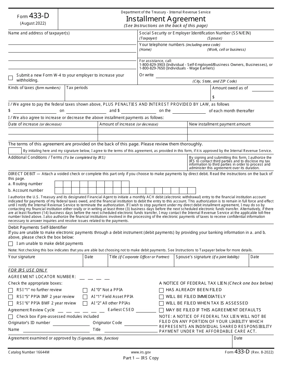 IRS Form 433 D Download Fillable PDF Or Fill Online Installment Agreement 2018 2025 Templateroller