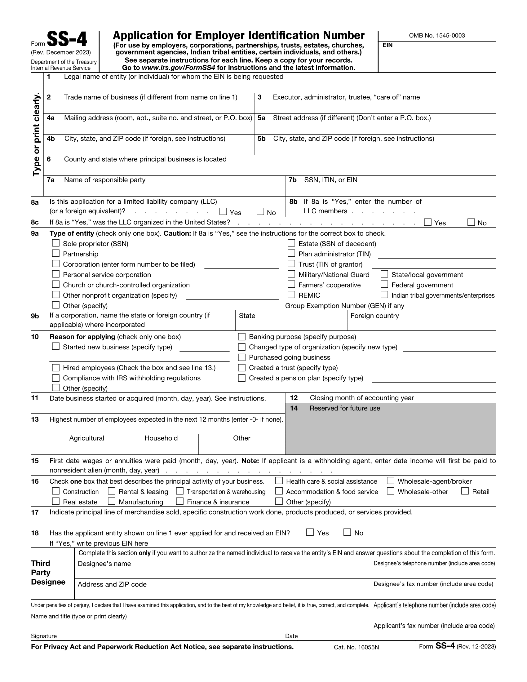 IRS Form SS 4 EIN Application Fill Online Download Send