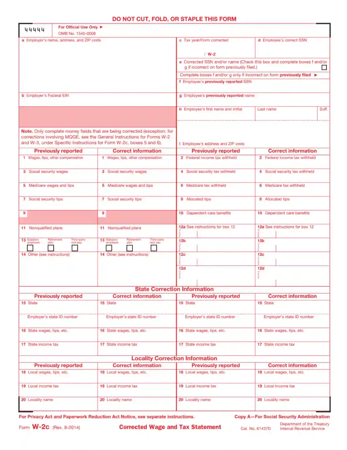 IRS Form W 2c Fill Out Printable PDF Forms Online
