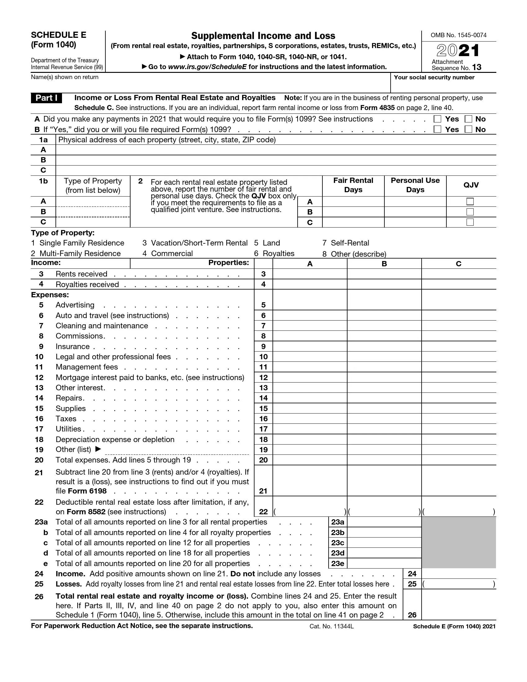IRS Schedule E Form 1040 Fill Out Printable PDF Forms