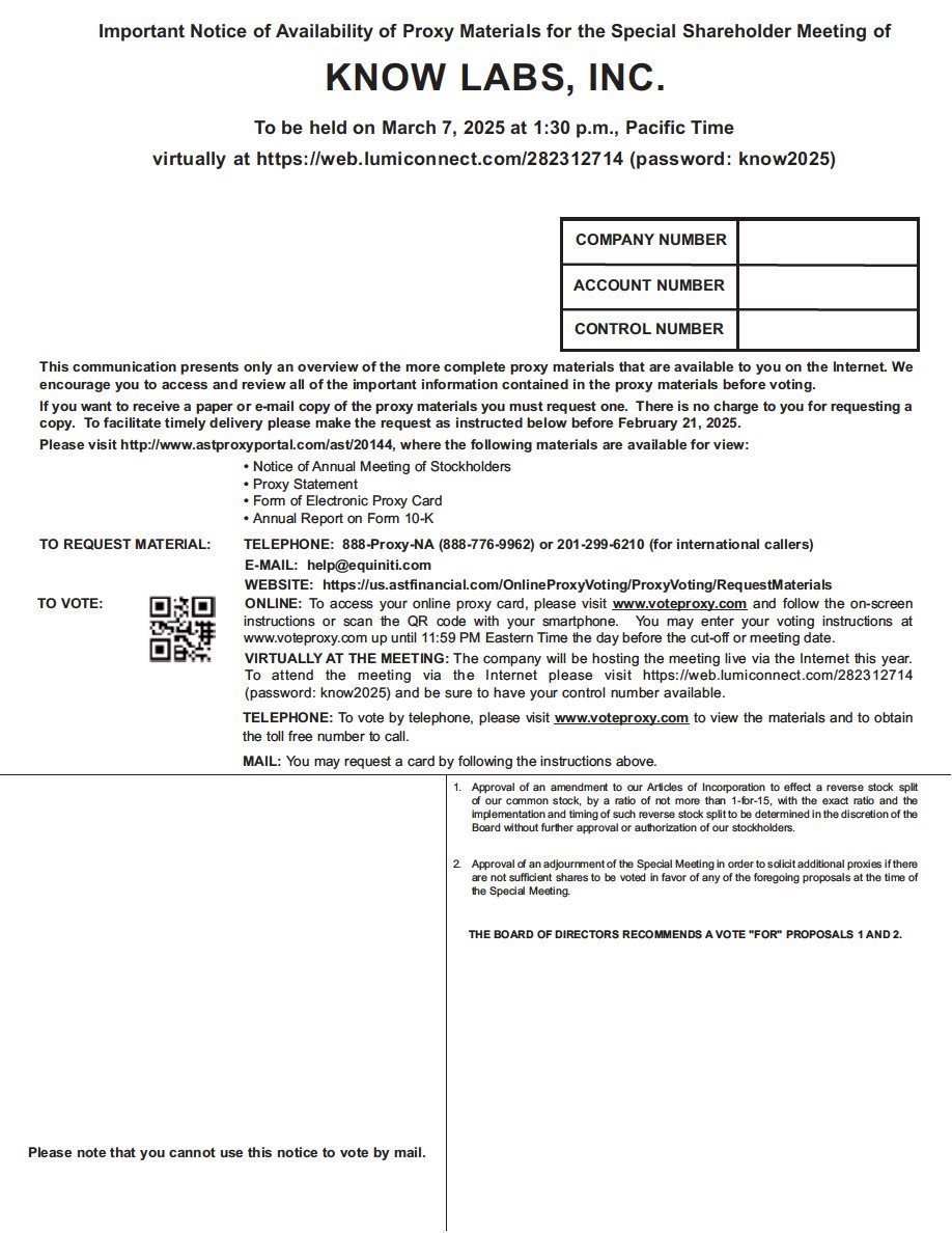 January 7 2025 PRE 14A Preliminary Proxy Statement Not Related To A Contested Matter Or Merger acquisition Know Labs Inc KNW 