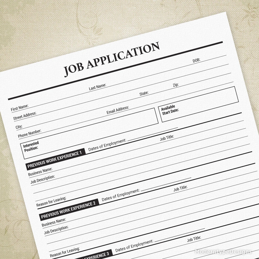 Job Application Printable Employment Form Employer Document 
