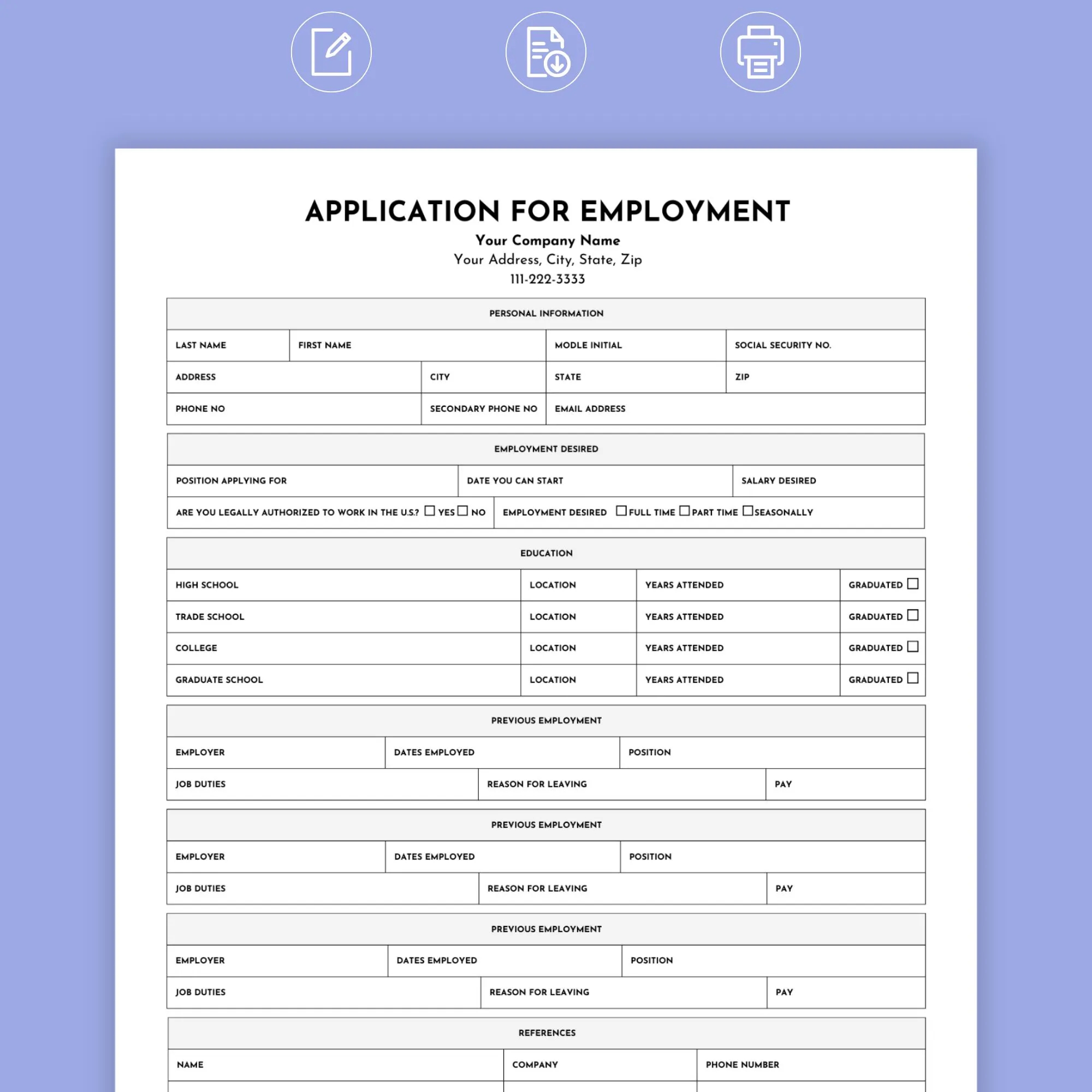 Job Application Template Employment Application Job Application Tracker Application For Employment Editable Blank Job Application Form Etsy