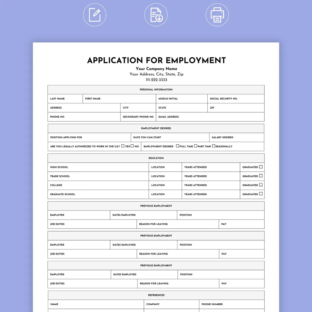 Free Printable Employment Application Form