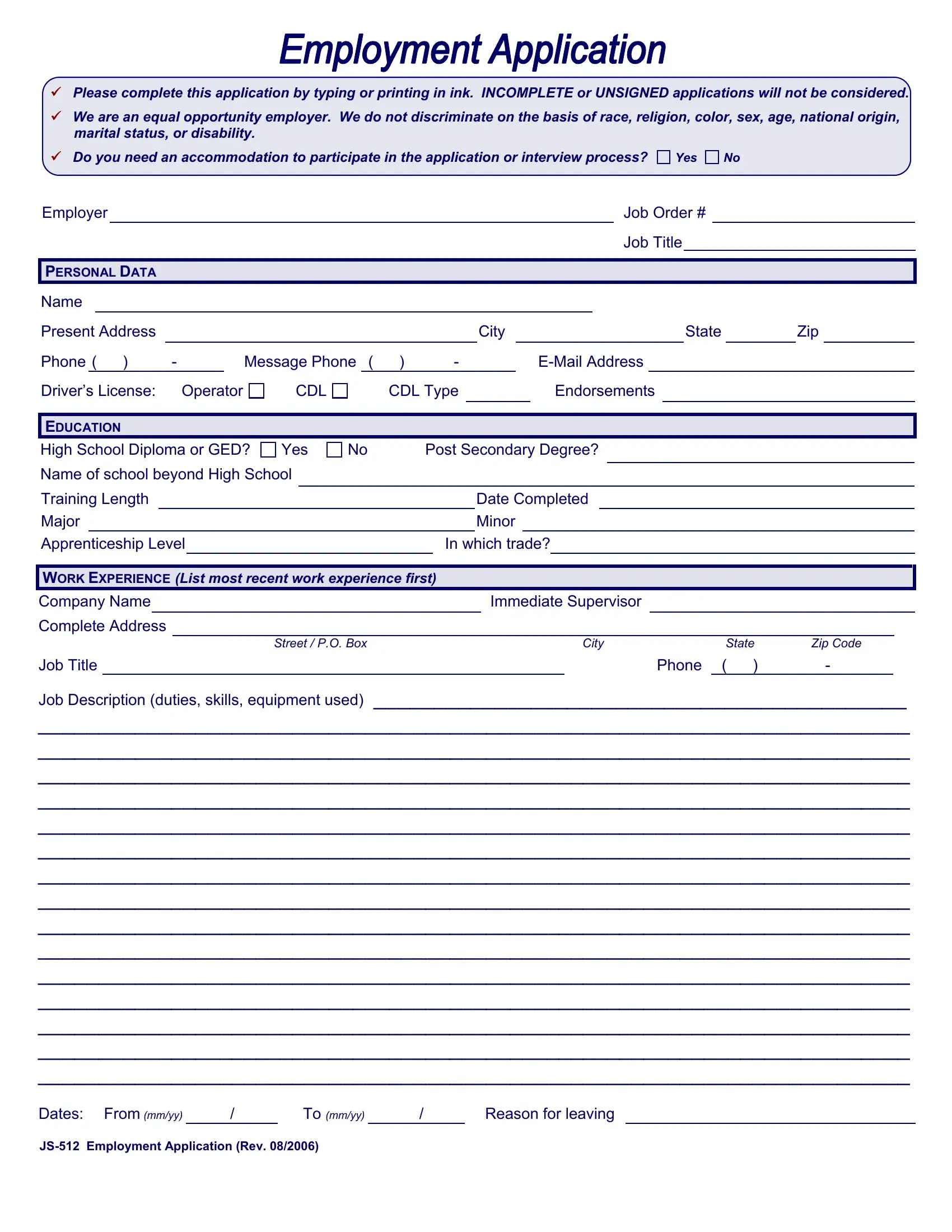 Js 512 Employment Application PDF Form FormsPal